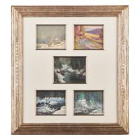 Kenneth R. Nunamaker (American, 1890-1957) and Alfred Nunamaker (American, 1915-1988) — Christmas Morning, Autumn, and The Brook (Three Works by Kenneth R. Nunamaker) ; together with Waterfall and Winter Brook (Two Works by Alfred Nunamaker)