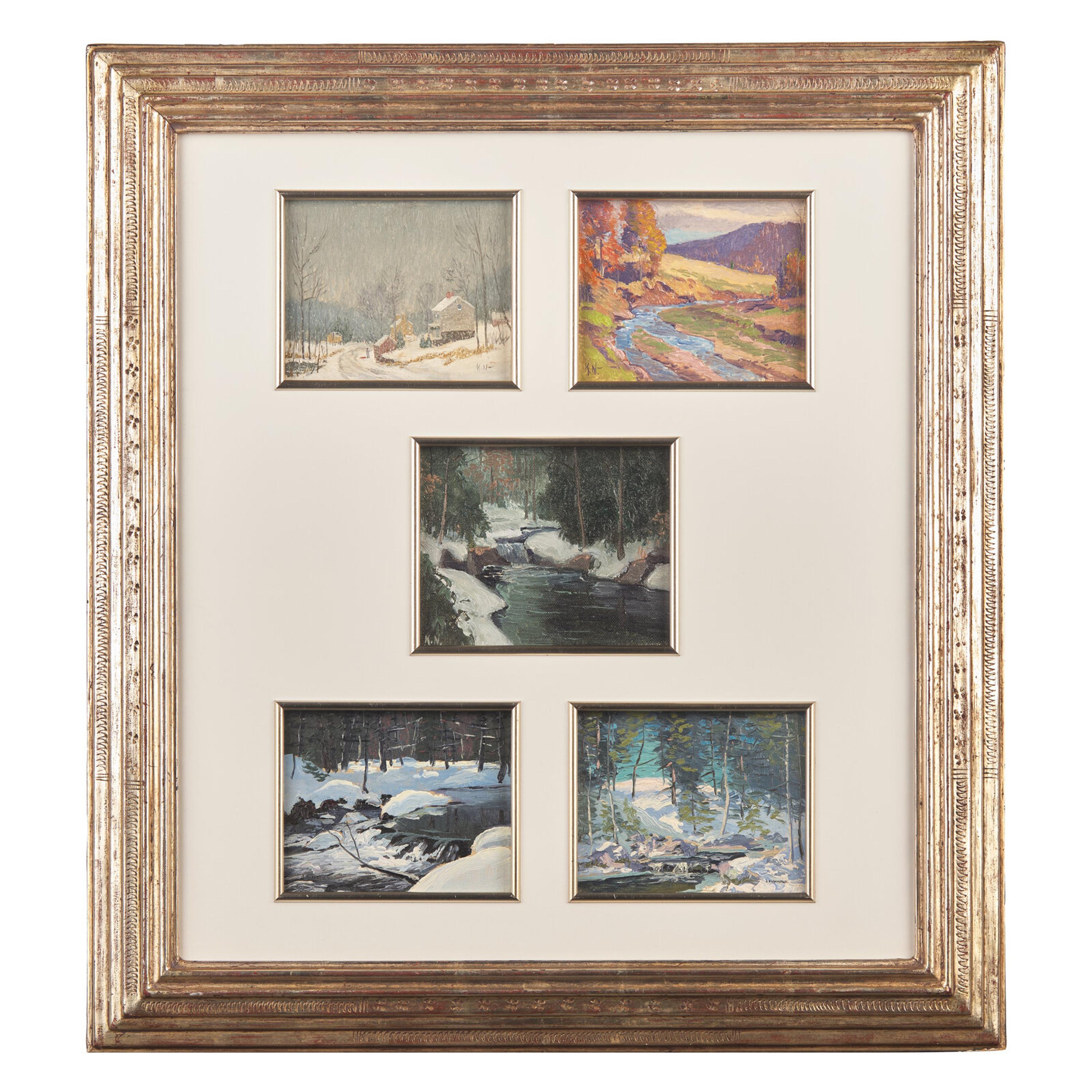 Kenneth R. Nunamaker (American, 1890-1957) and Alfred Nunamaker (American, 1915-1988) — Christmas Morning, Autumn, and The Brook (Three Works by Kenneth R. Nunamaker) ; together with Waterfall and Winter Brook (Two Works by Alfred Nunamaker)