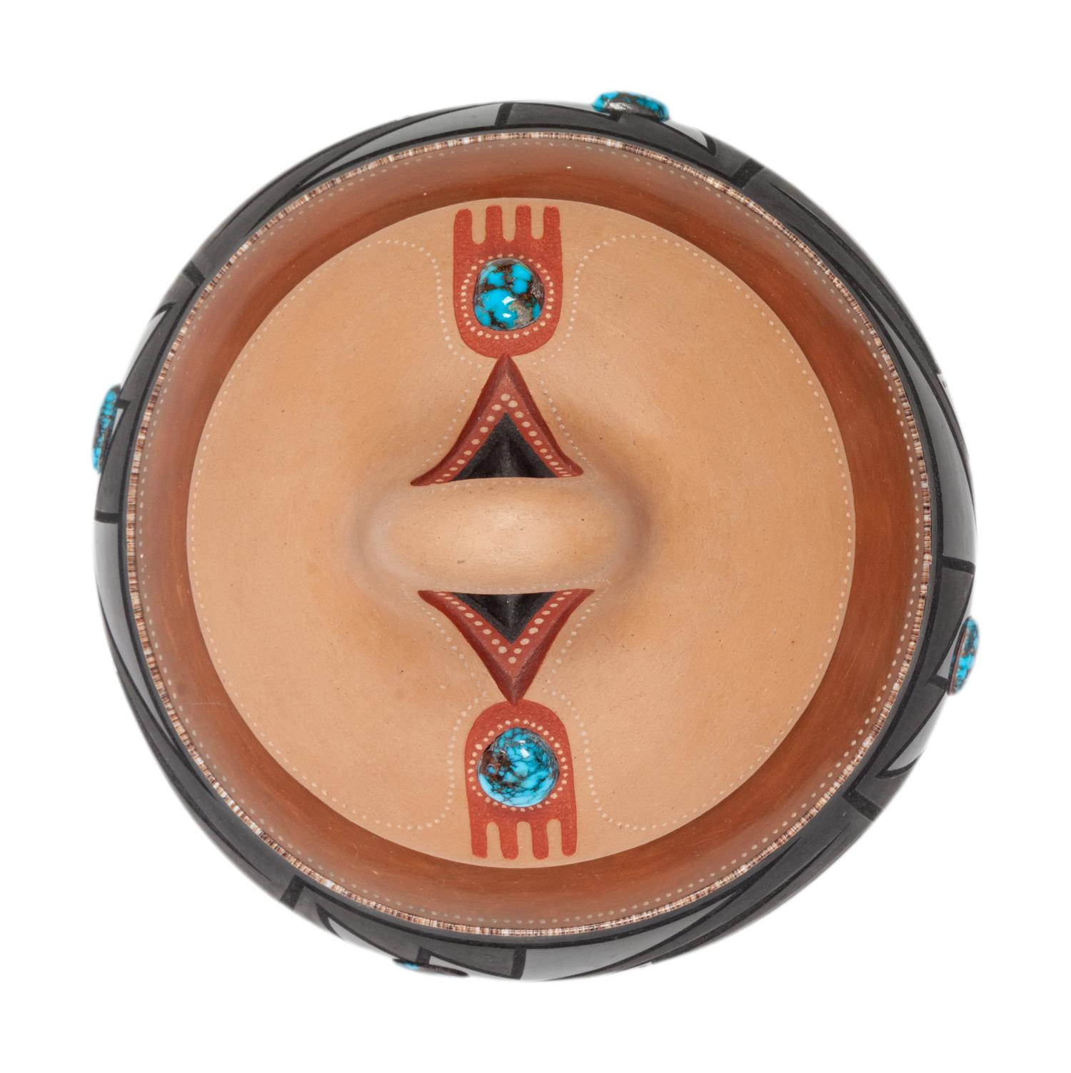Black and Sienna Lidded Jar, with Turquoise Cabochons