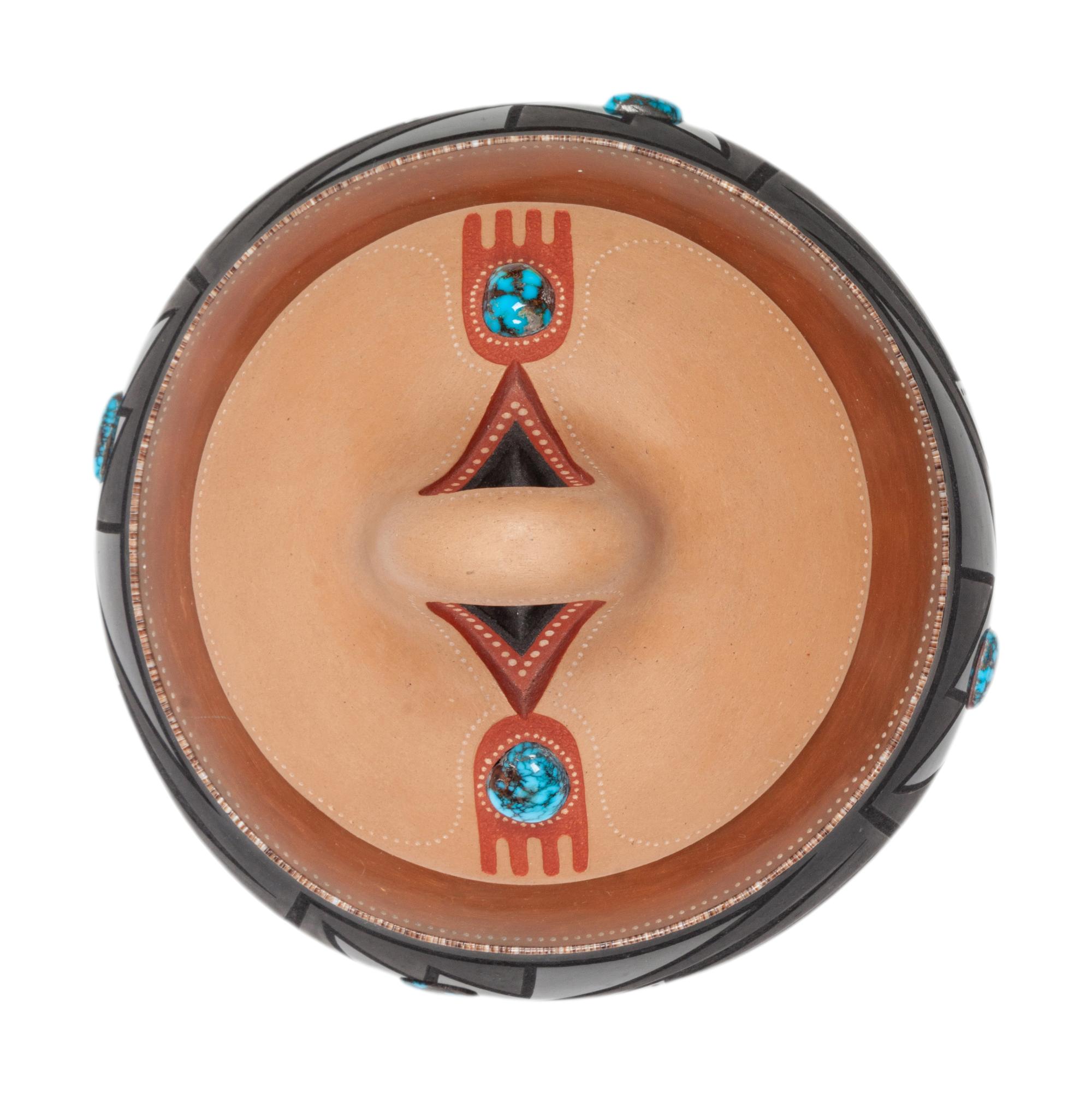 Black and Sienna Lidded Jar, with Turquoise Cabochons