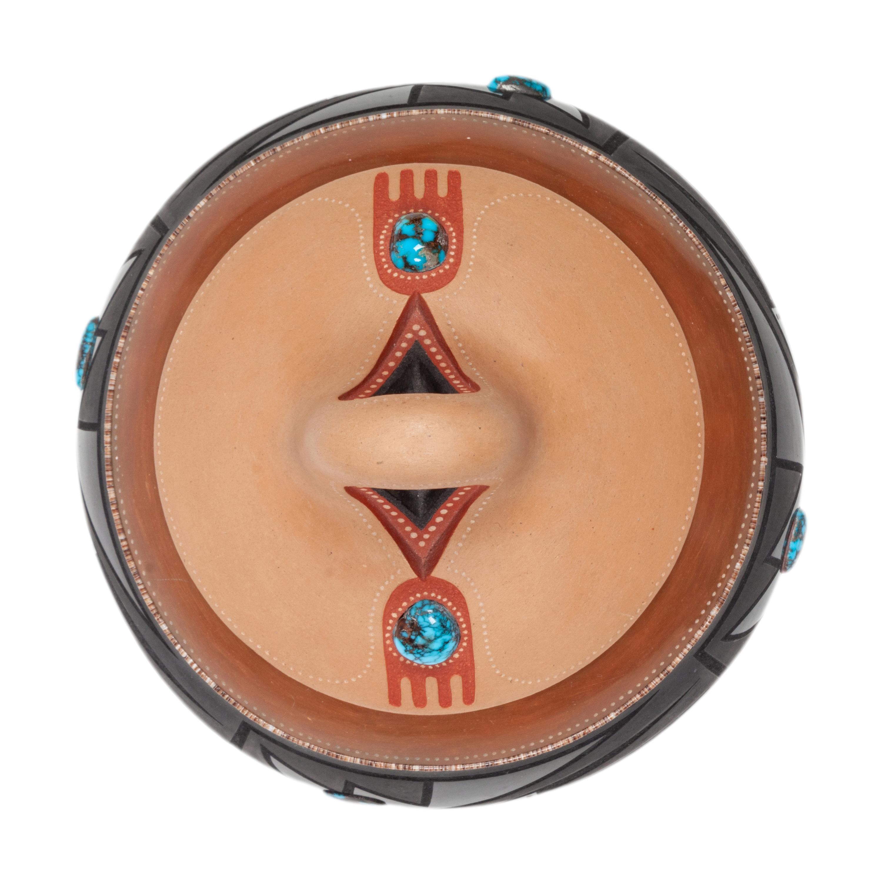 Black and Sienna Lidded Jar, with Turquoise Cabochons