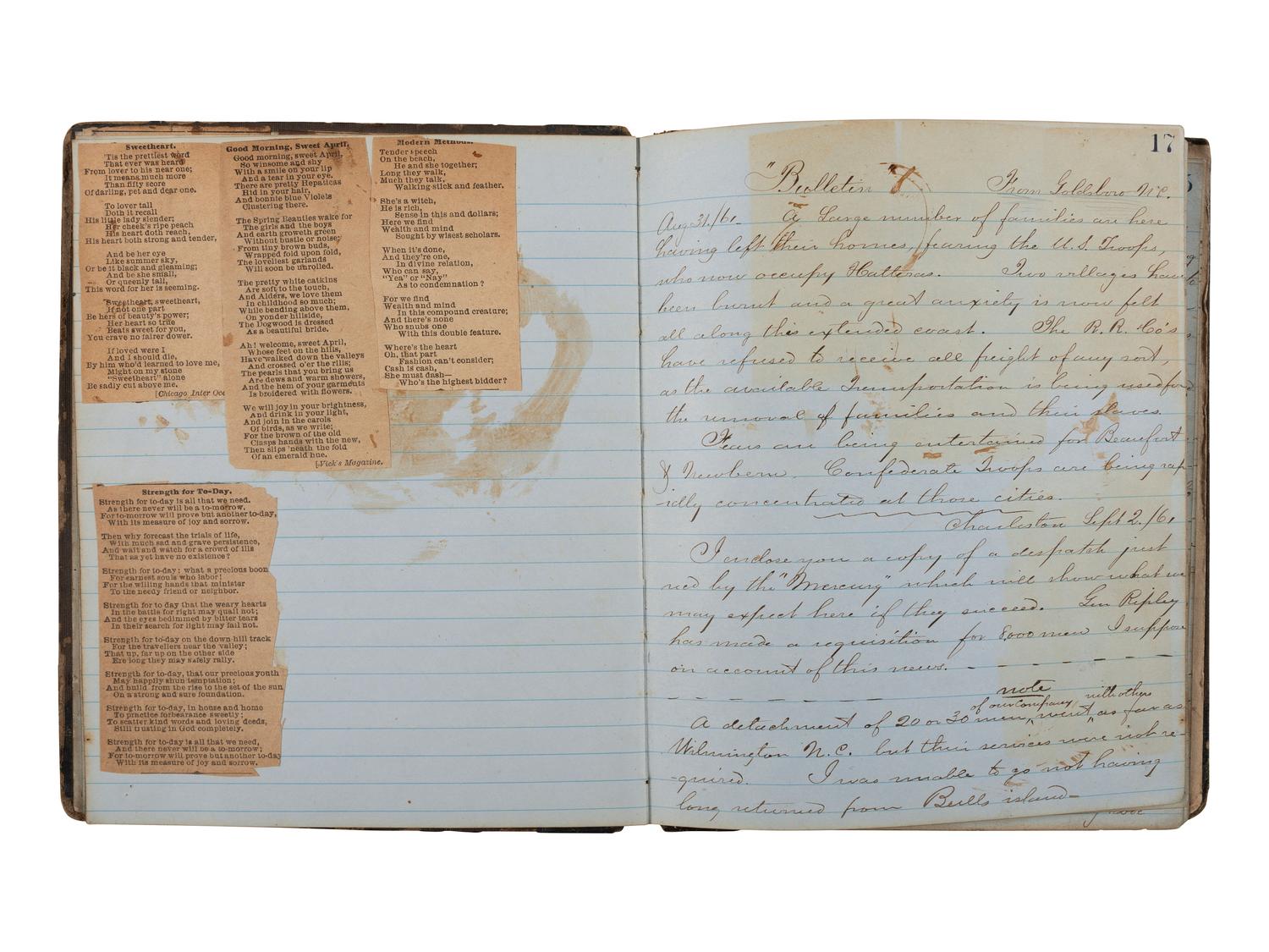 [CIVIL WAR]. Manuscript book documenting the wartime experiences of a 1st South Carolina Infantry private occupying captured Union forts near Charleston, SC. 1861.