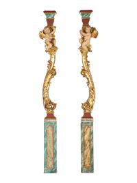 A Pair of Venetian Painted and Parcel Gilt Columns with Putti