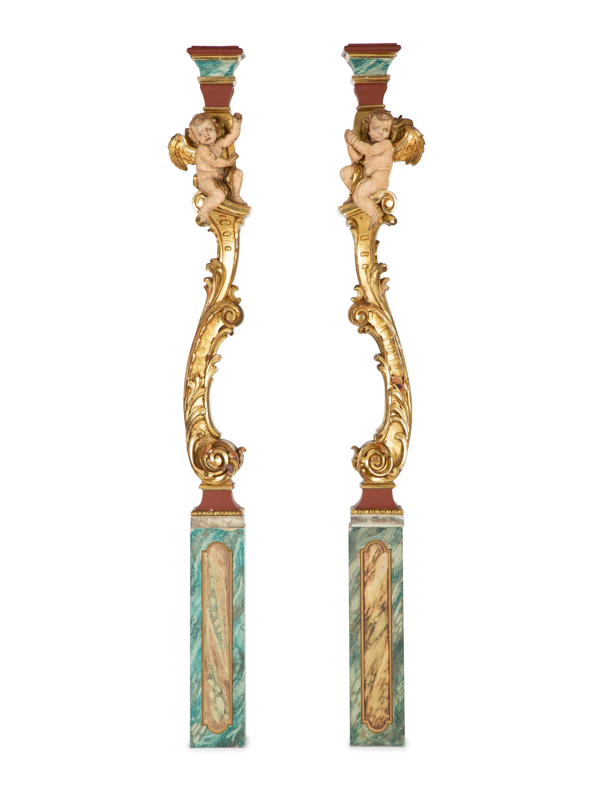 A Pair of Venetian Painted and Parcel Gilt Columns with Putti