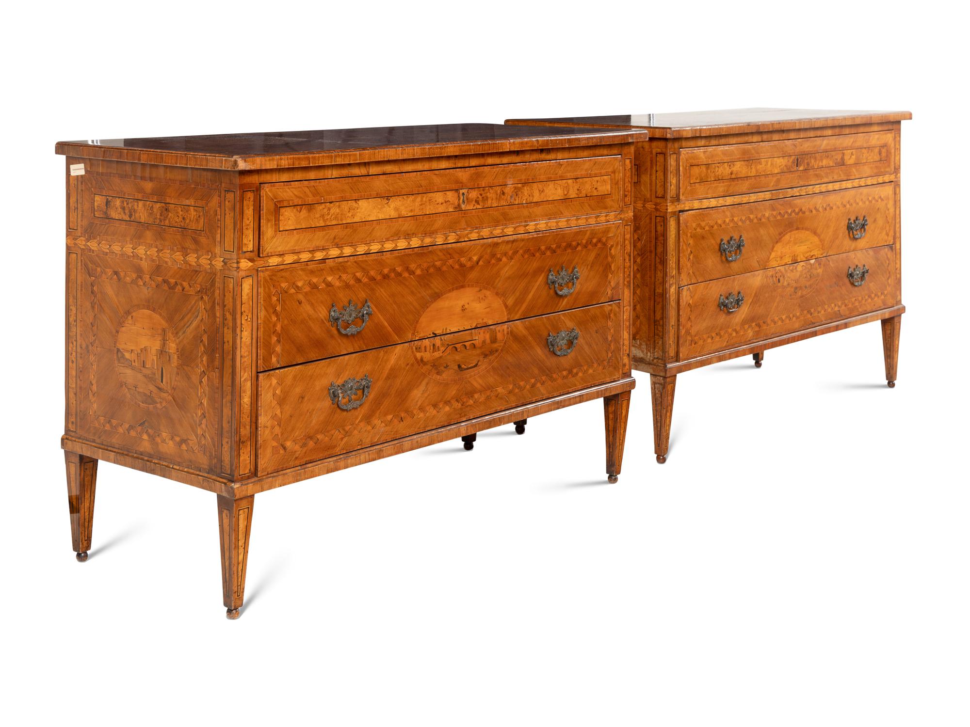A Pair of North Italian Neoclassical Sans Traverse Walnut and Fruitwood Marquetry Commodes