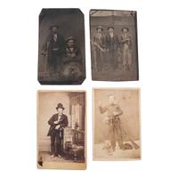 [EARLY PHOTOGRAPHY]. A group of 4 tintypes and CDVs of armed subjects, incl. hunters and their game.