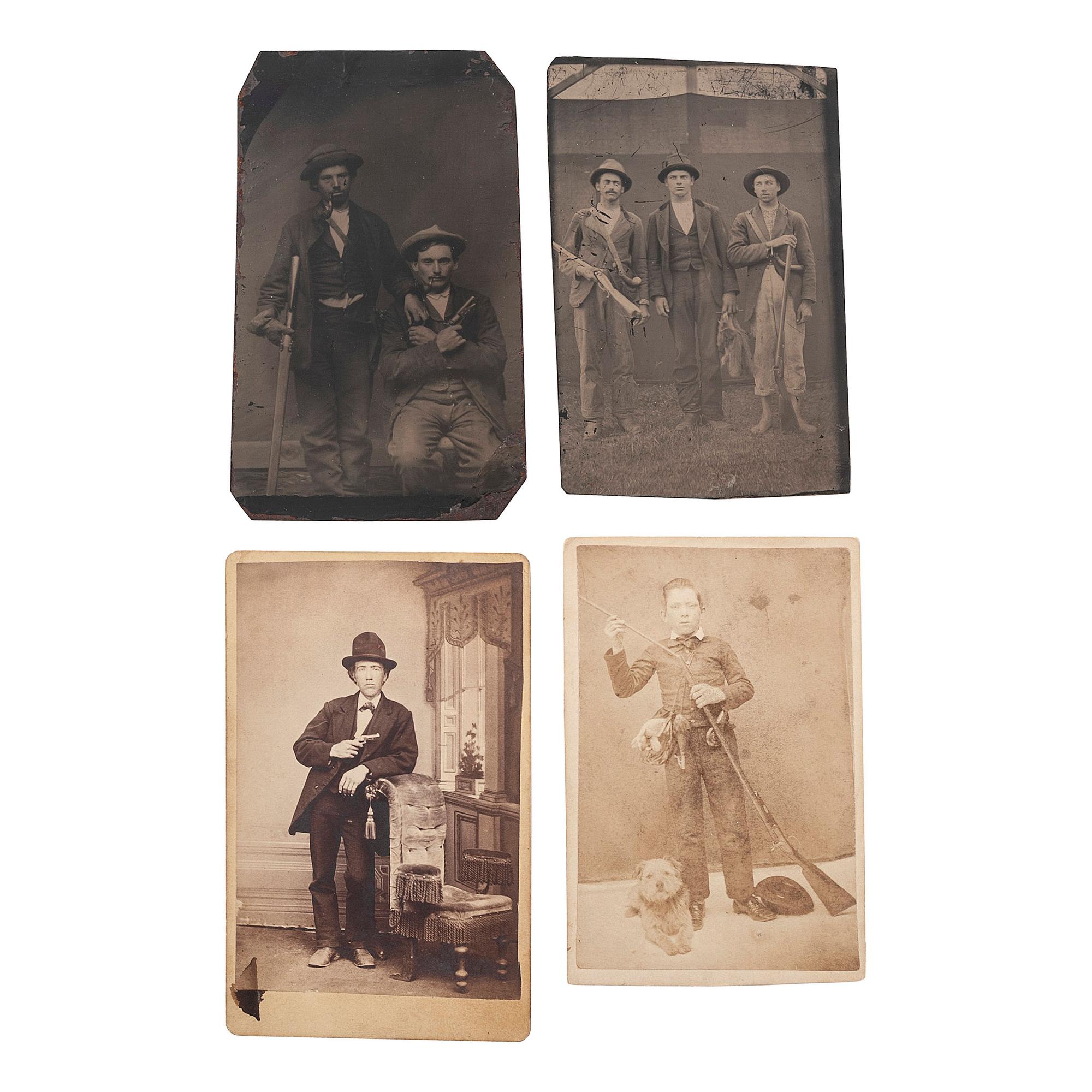 [EARLY PHOTOGRAPHY]. A group of 4 tintypes and CDVs of armed subjects, incl. hunters and their game.