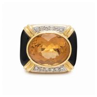 CITRINE, DIAMOND AND ONYX RING