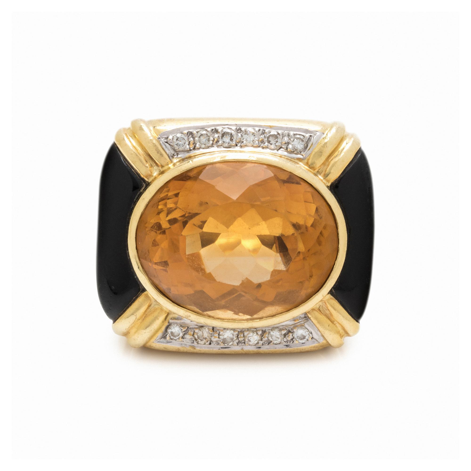 CITRINE, DIAMOND AND ONYX RING