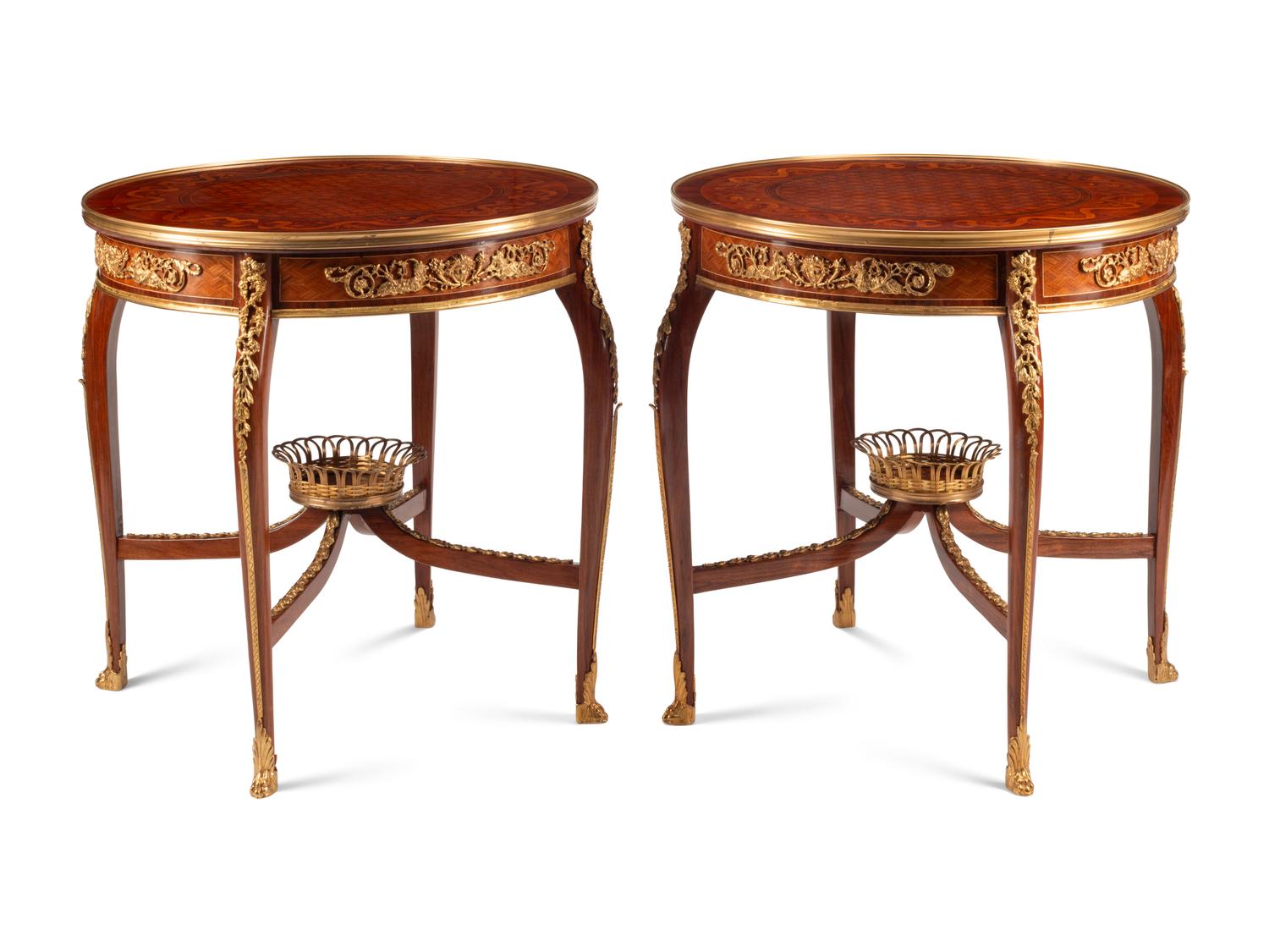 A Pair of Louis XV Style Gilt Bronze Mounted Marquetry Side Tables