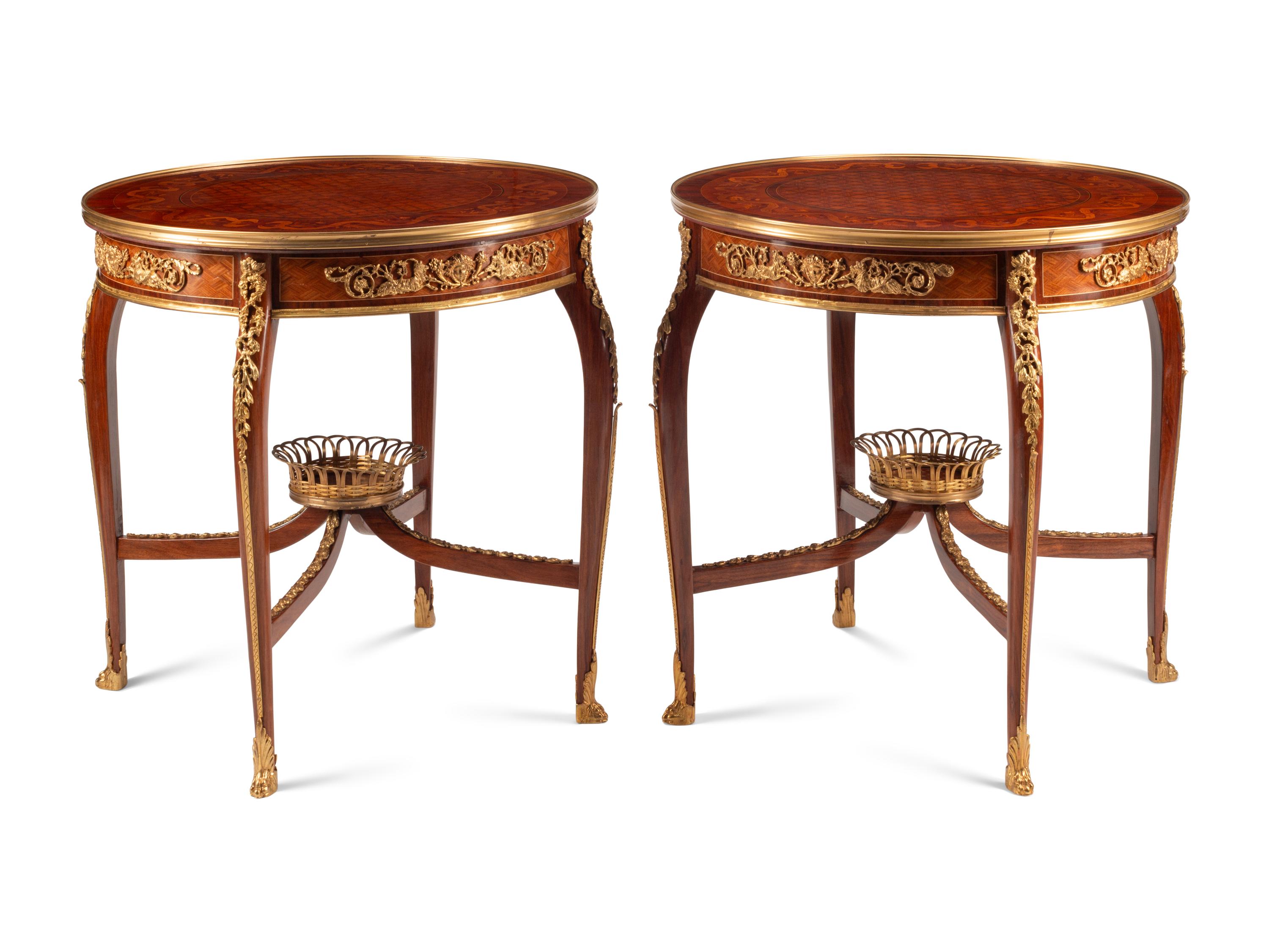 A Pair of Louis XV Style Gilt Bronze Mounted Marquetry Side Tables