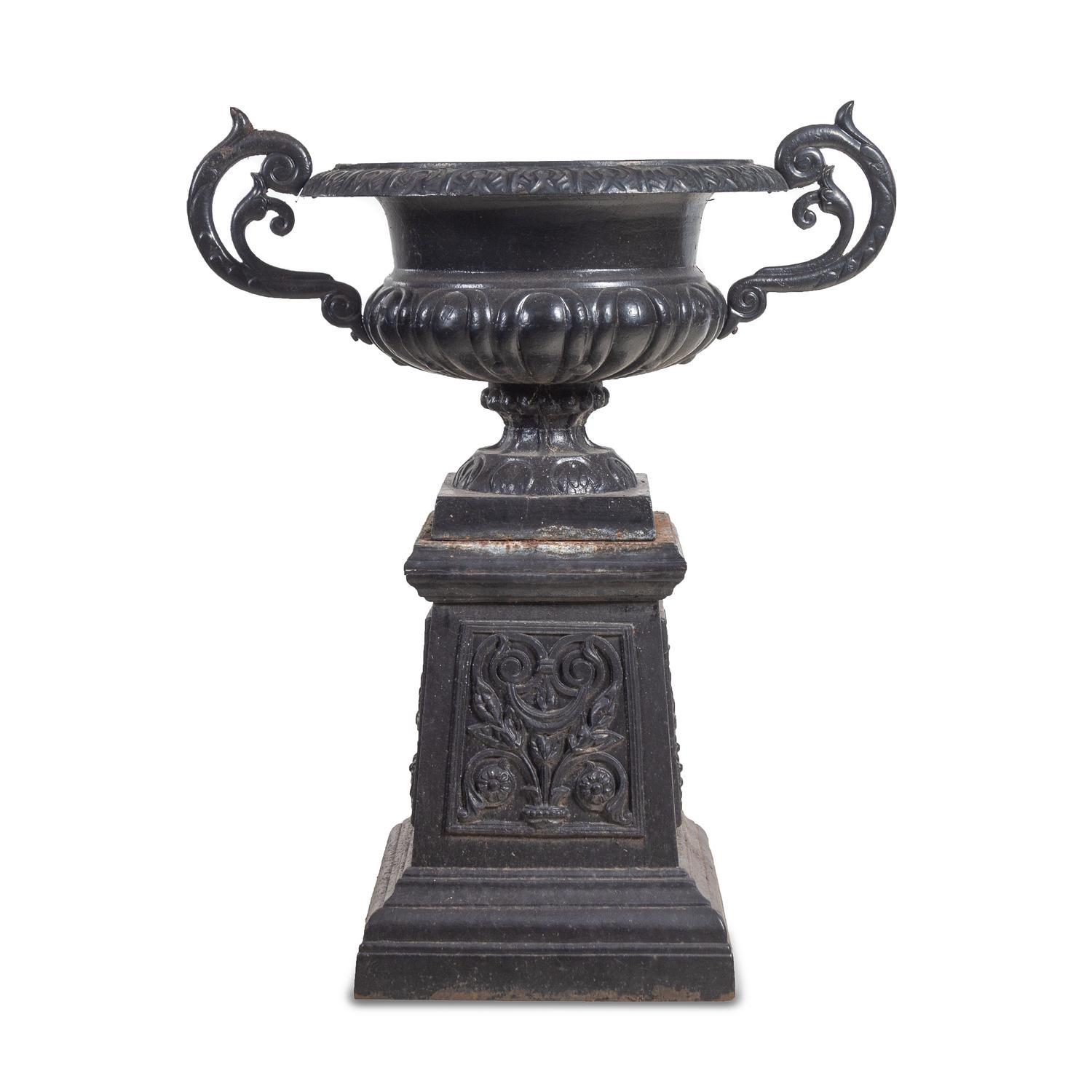 A Painted Cast Iron Garden Urn and Pedestal