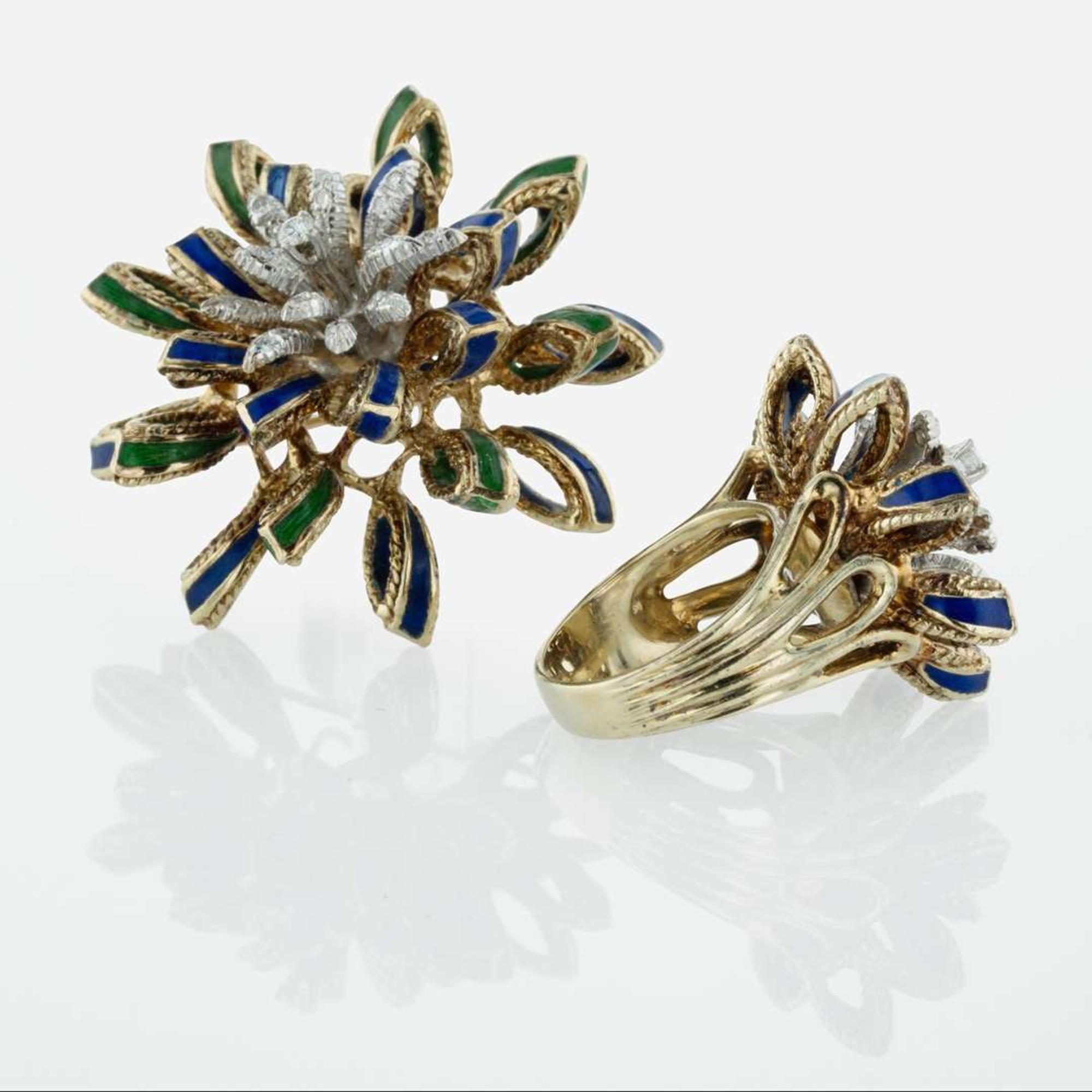 A Set of 14K Yellow, Diamond, and Enamel Jewelry