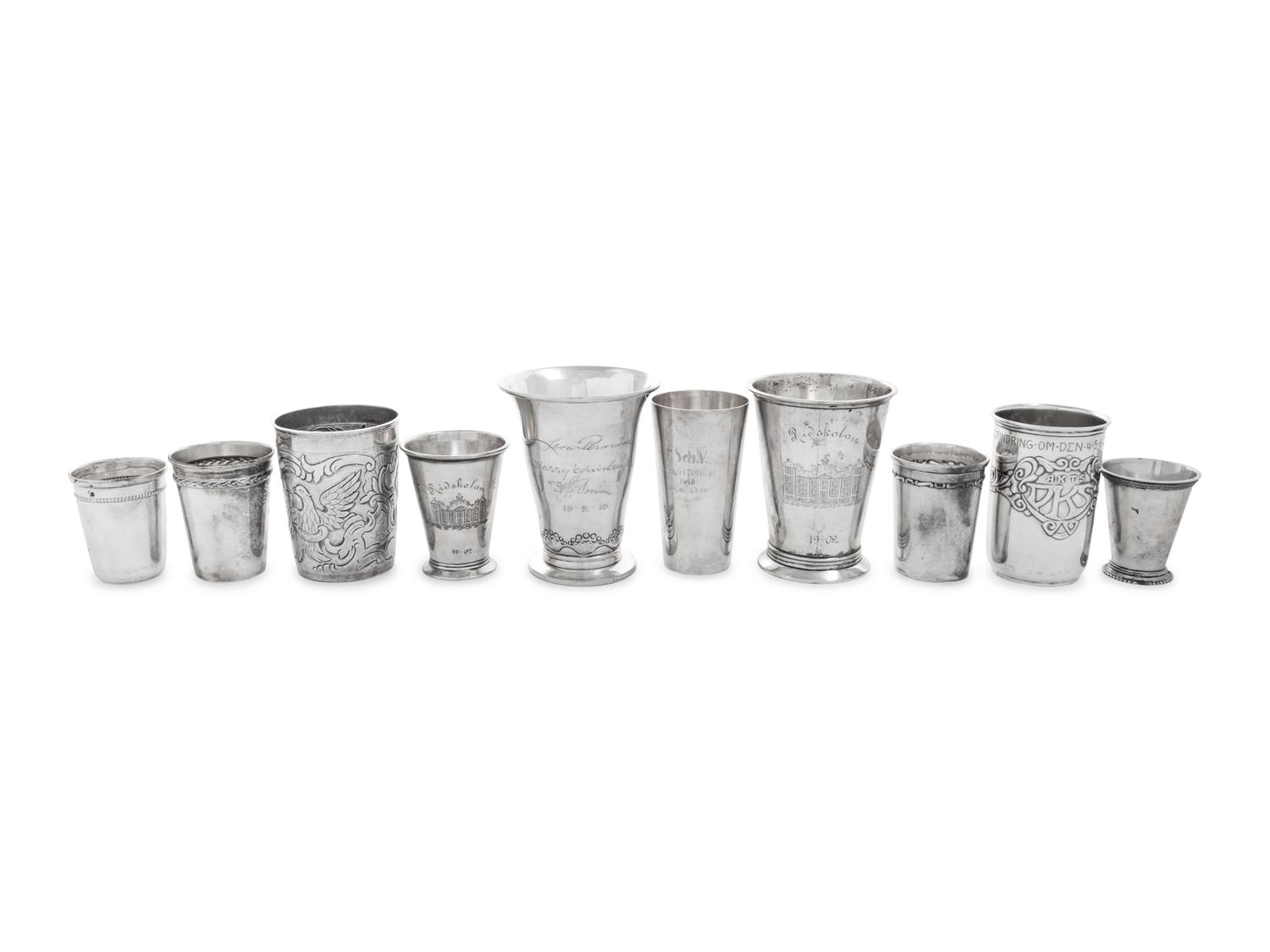 Ten Continental Silver Beakers