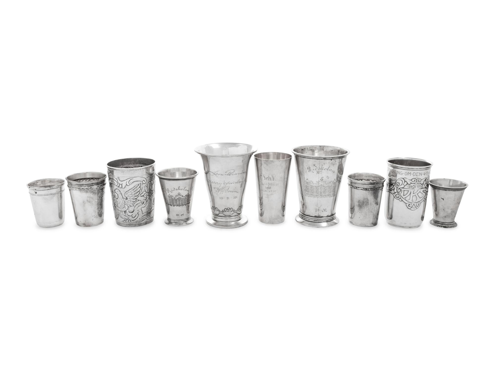 Ten Continental Silver Beakers