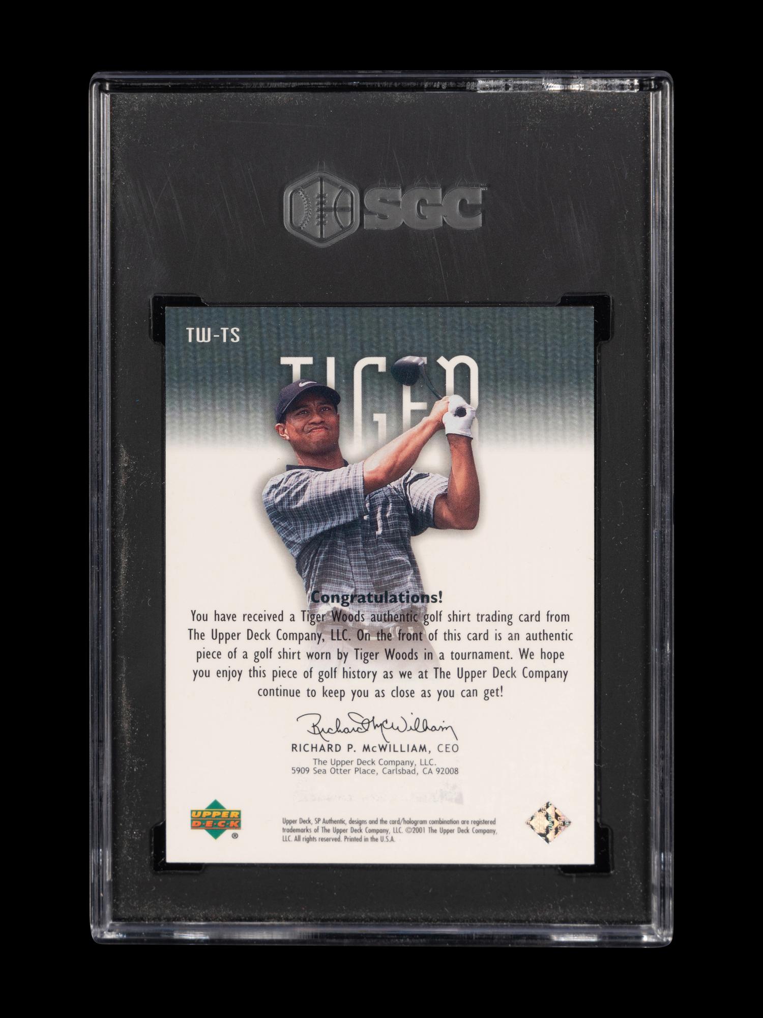 A 2001 Upper Deck SP Authentic Tiger Woods Tour Swatch TW-TS Rookie Golf Card (SGC 9 MINT)