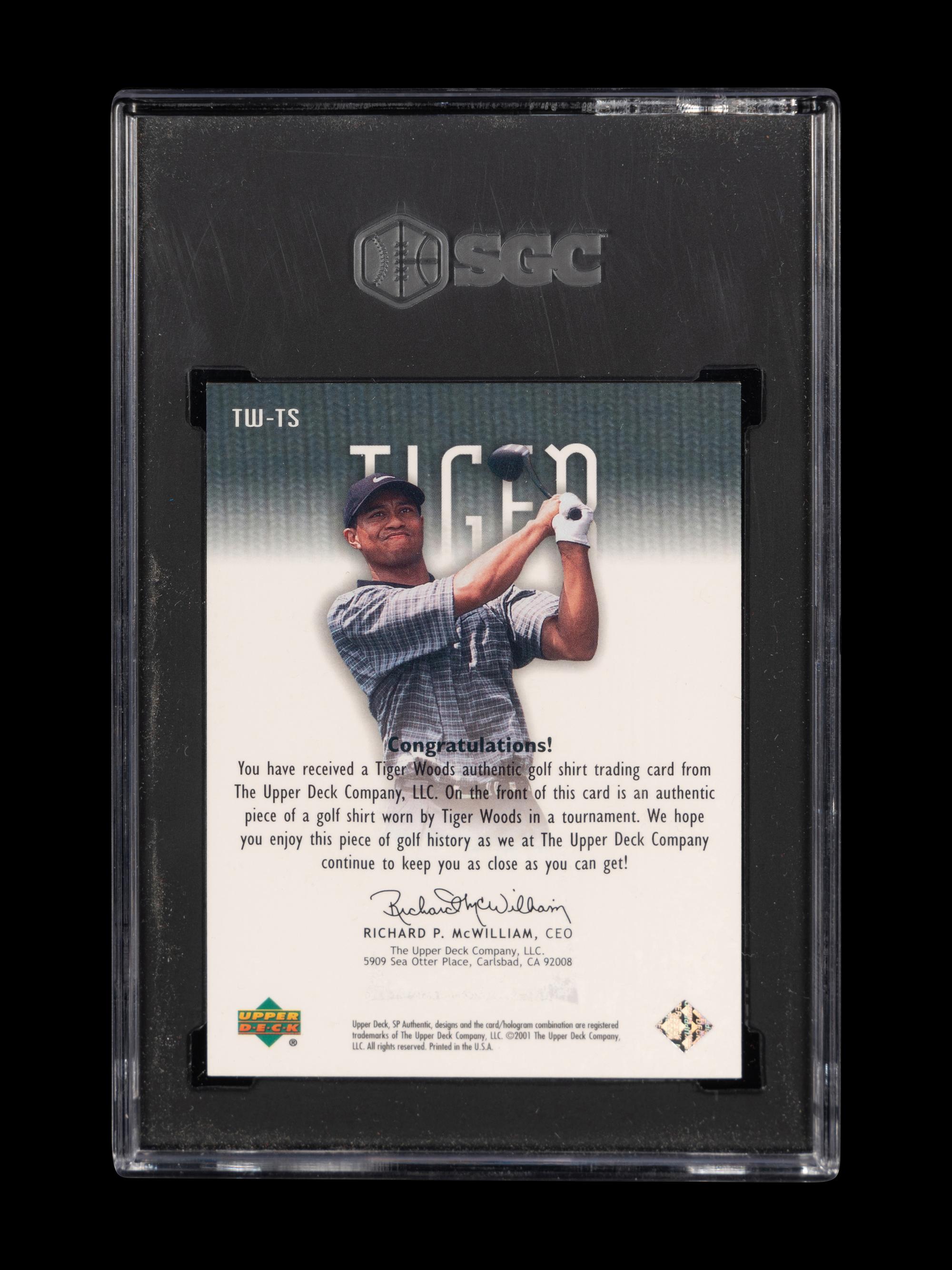 A 2001 Upper Deck SP Authentic Tiger Woods Tour Swatch TW-TS Rookie Golf Card (SGC 9 MINT)