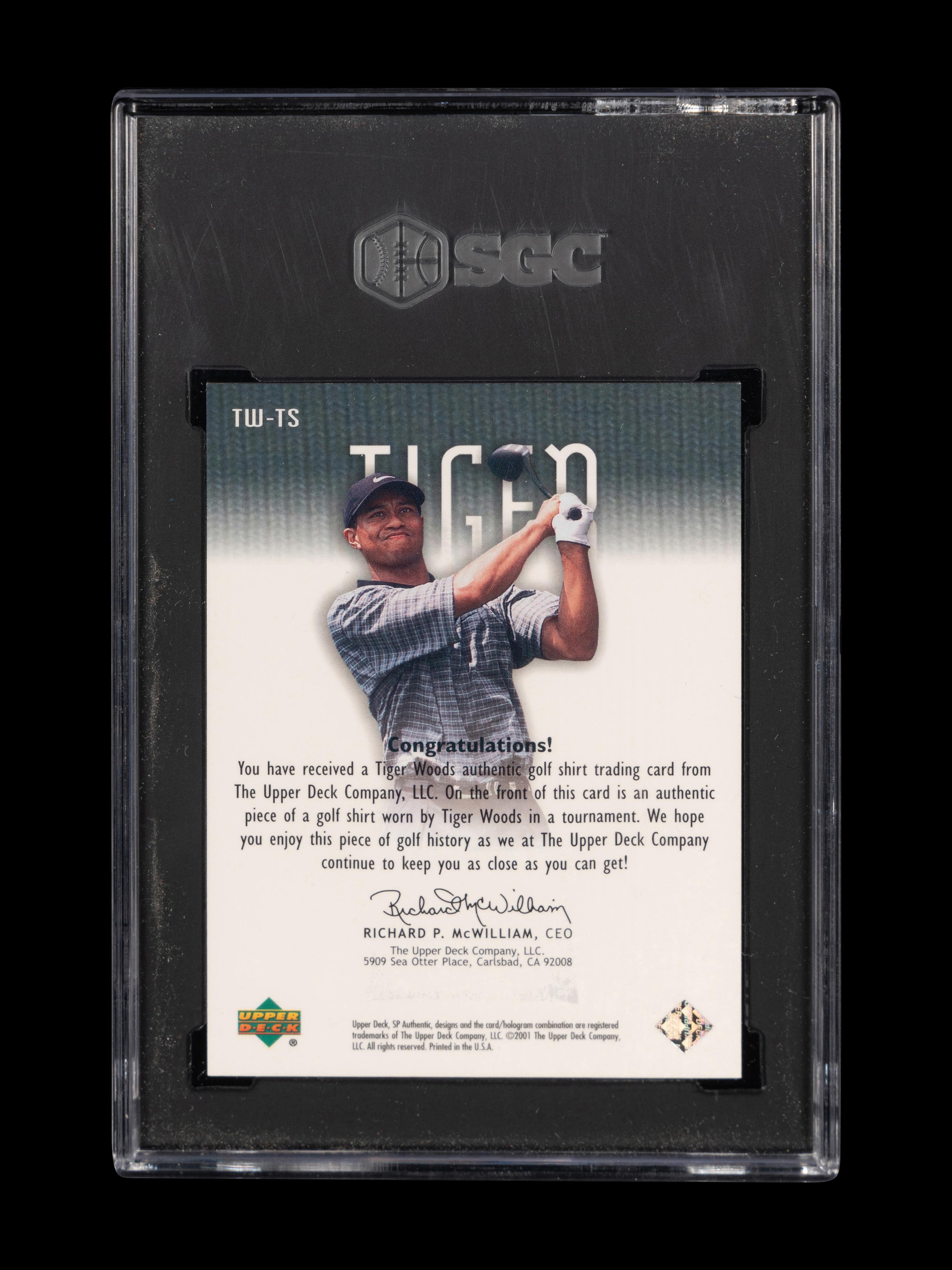 A 2001 Upper Deck SP Authentic Tiger Woods Tour Swatch TW-TS Rookie Golf Card (SGC 9 MINT)