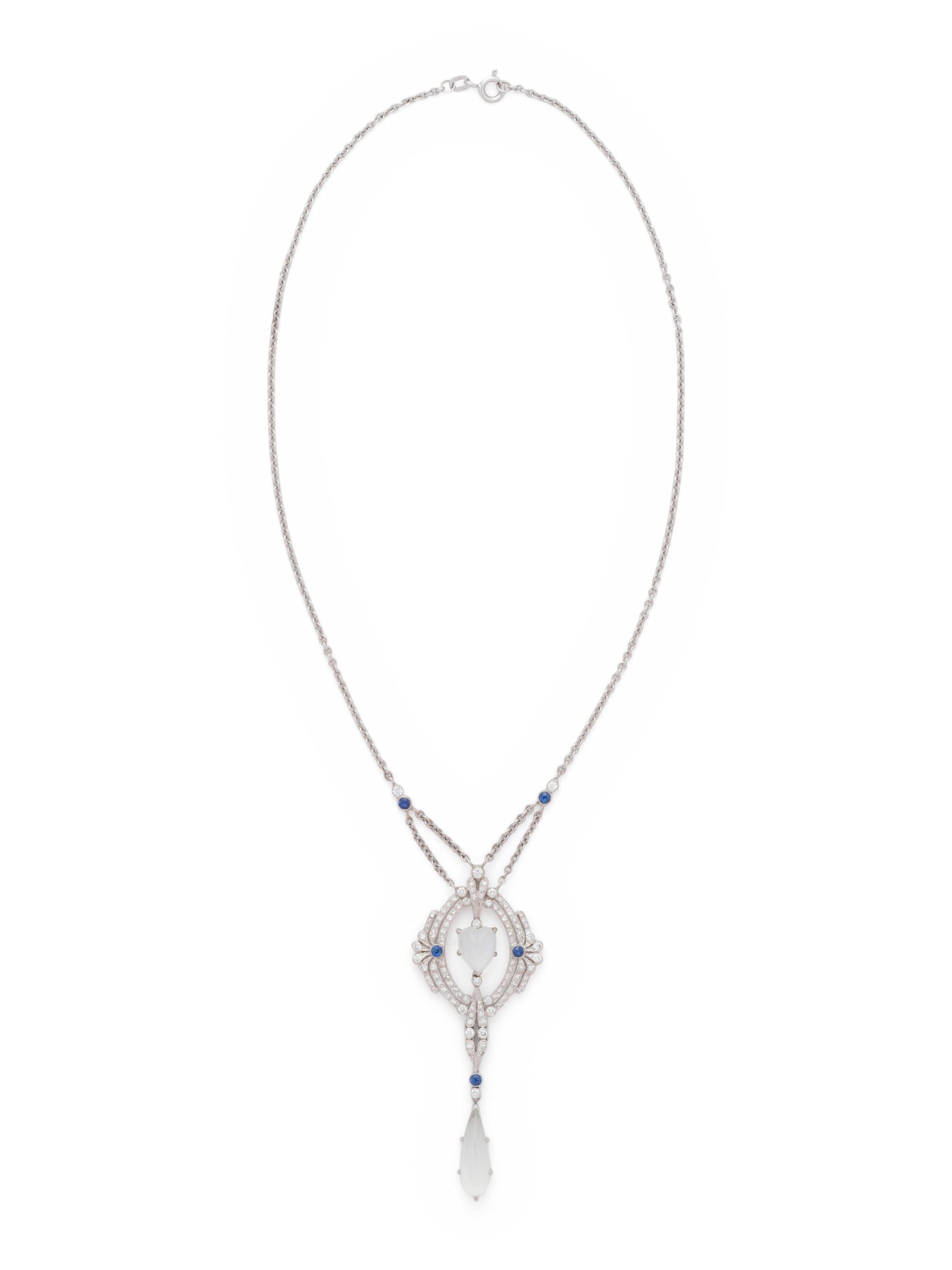 MOONSTONE, DIAMOND AND SAPPHIRE NECKLACE
