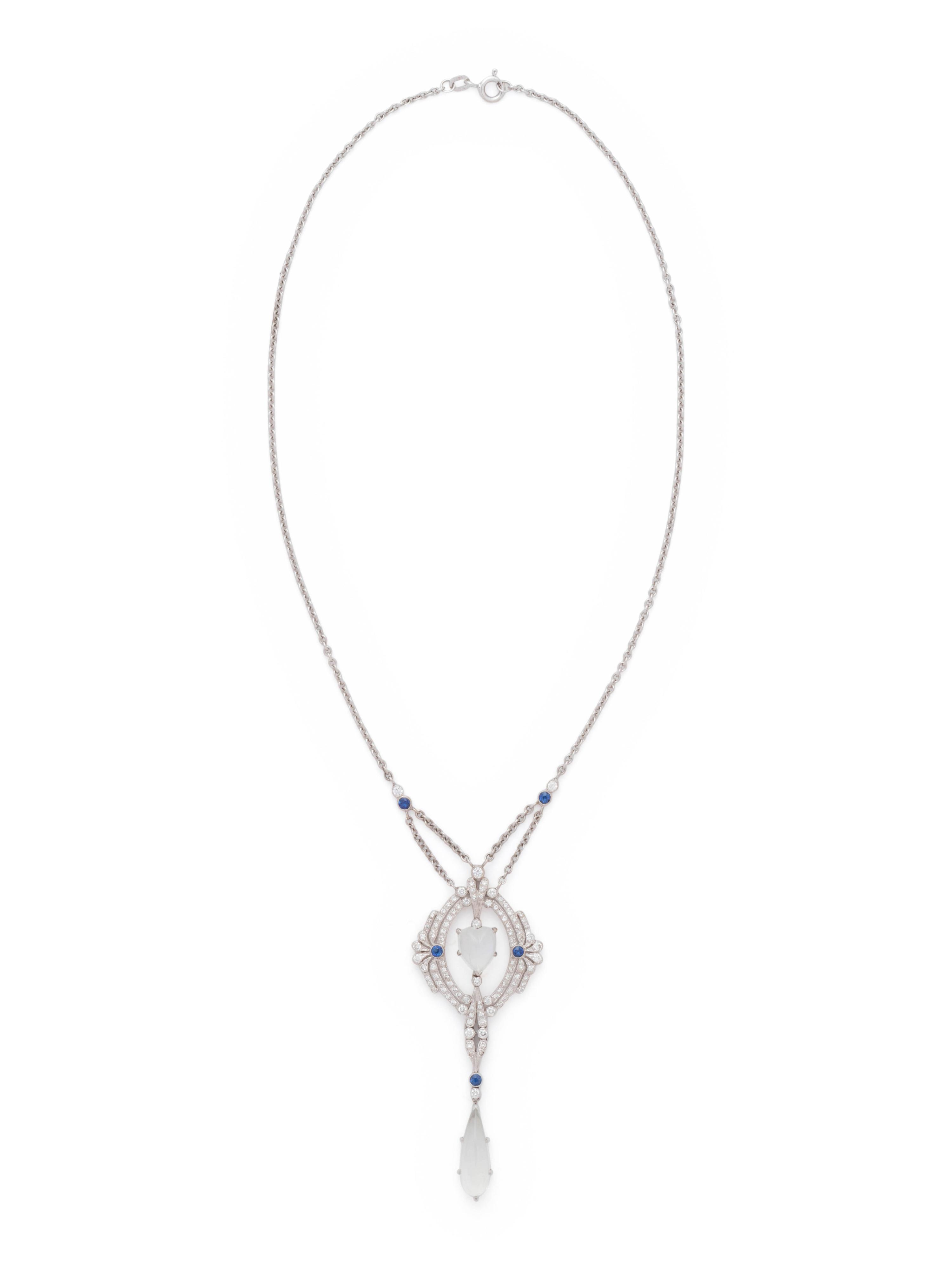 MOONSTONE, DIAMOND AND SAPPHIRE NECKLACE