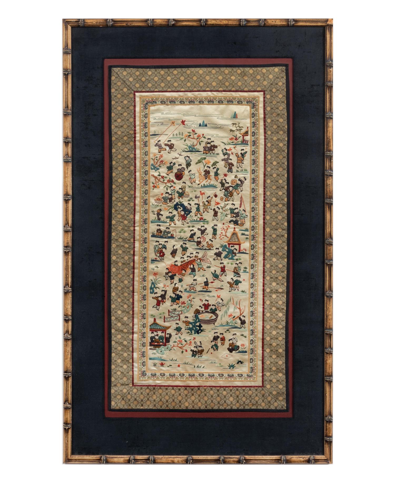 Two Chinese Export Framed Silk Panels