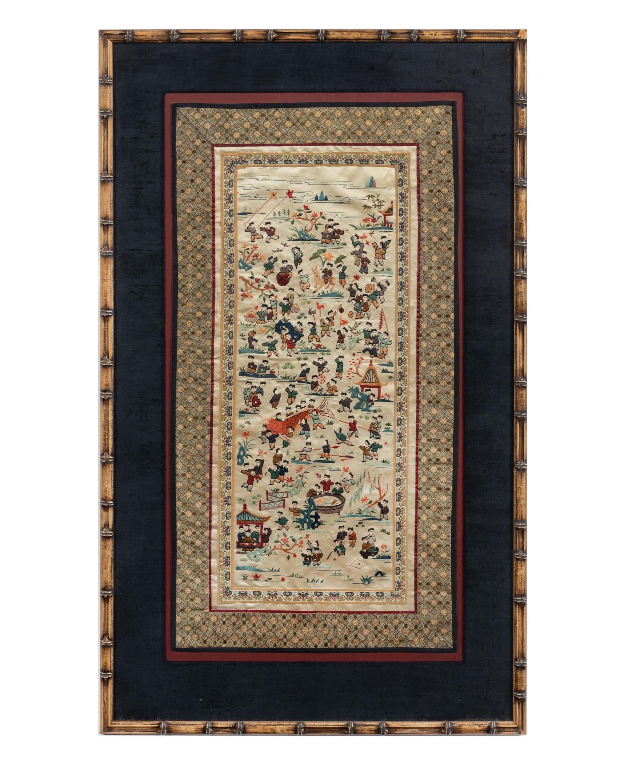 Two Chinese Export Framed Silk Panels