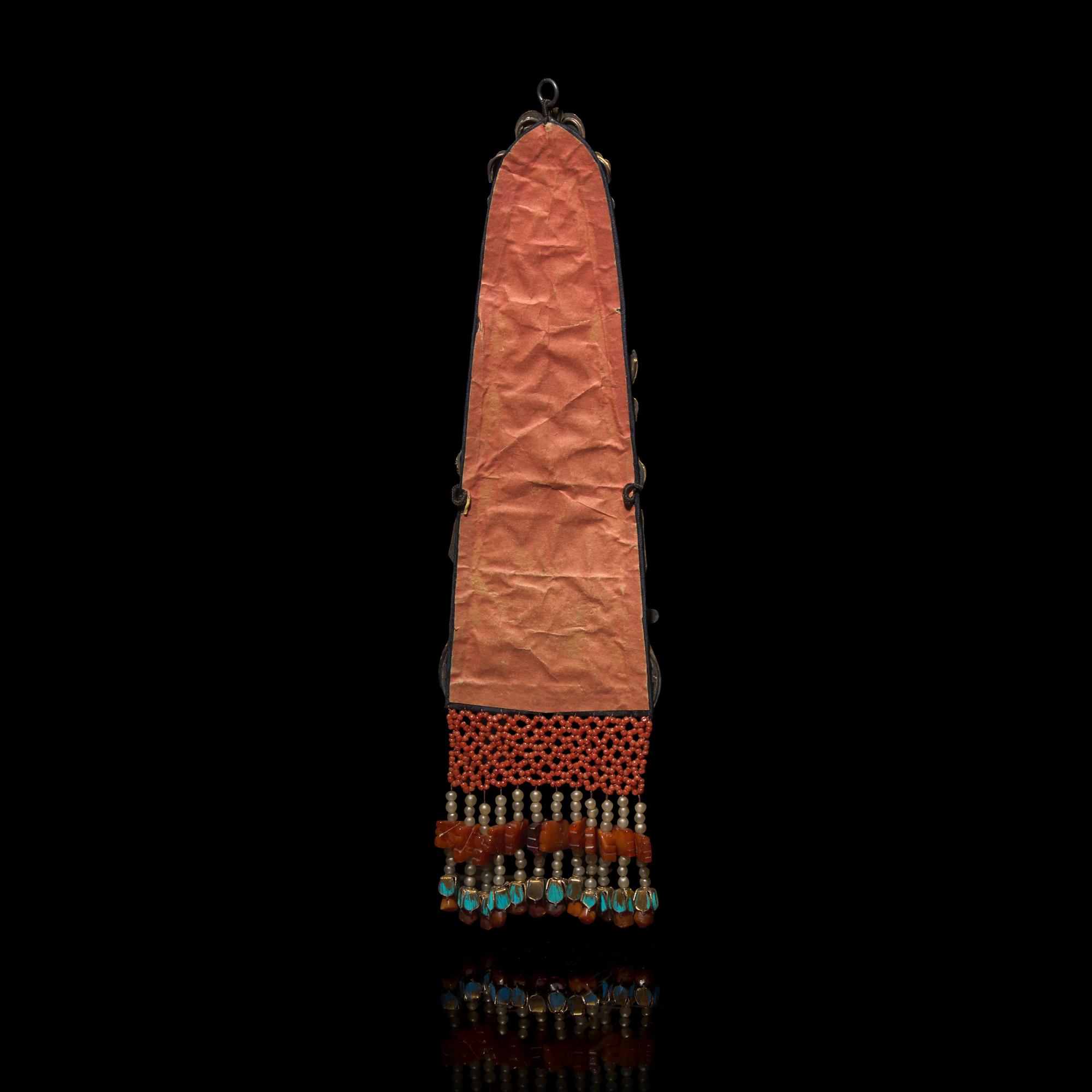 A Chinese Kingfisher Feather, 'Beeswax' Amber and Celadon Jade Ornament, Qing Dynasty — 清 點翠嵌玉蜜蠟珍珠珊瑚流蘇雲肩殘件