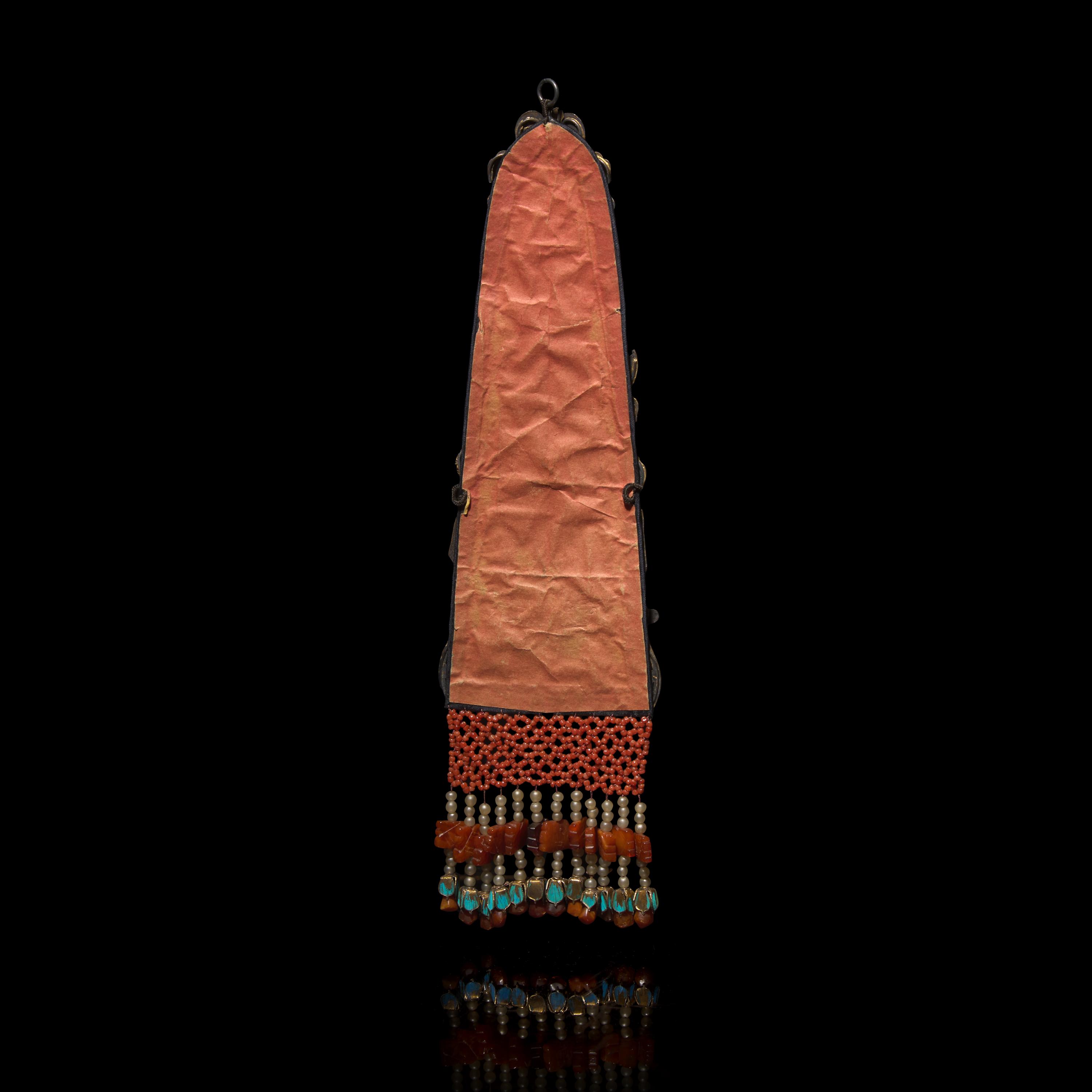A Chinese Kingfisher Feather, 'Beeswax' Amber and Celadon Jade Ornament, Qing Dynasty — 清 點翠嵌玉蜜蠟珍珠珊瑚流蘇雲肩殘件