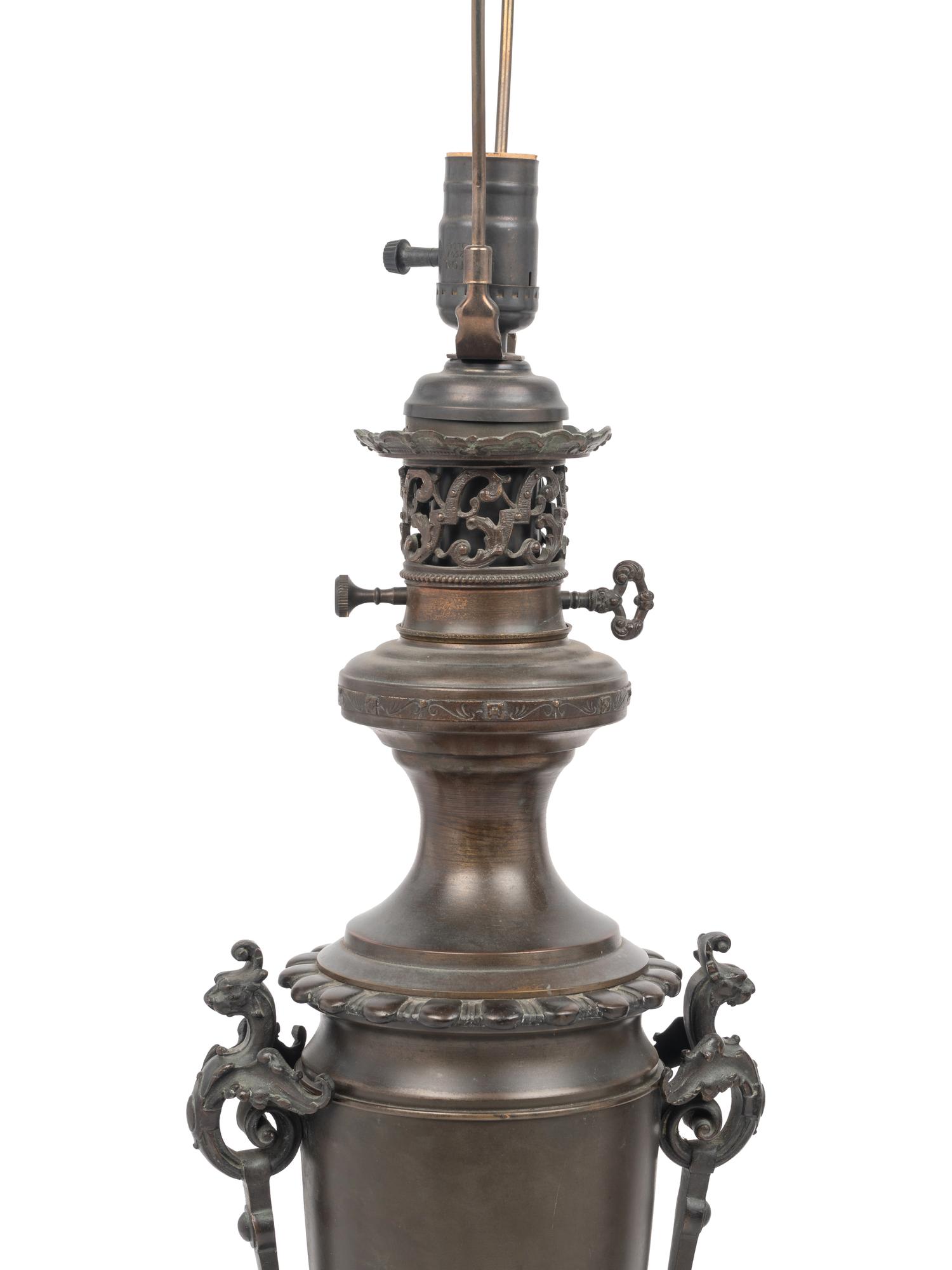 A Pair of French Neoclassical Bronze Fluid Lamps Converted to Electricity