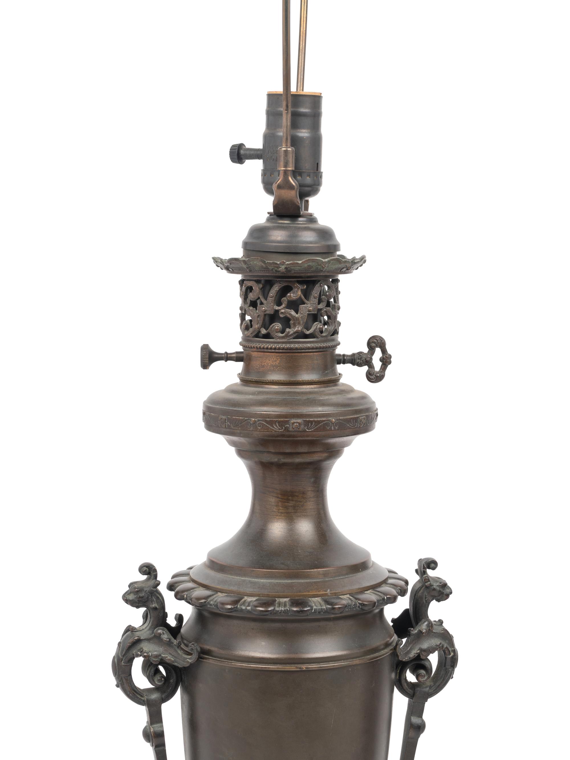A Pair of French Neoclassical Bronze Fluid Lamps Converted to Electricity