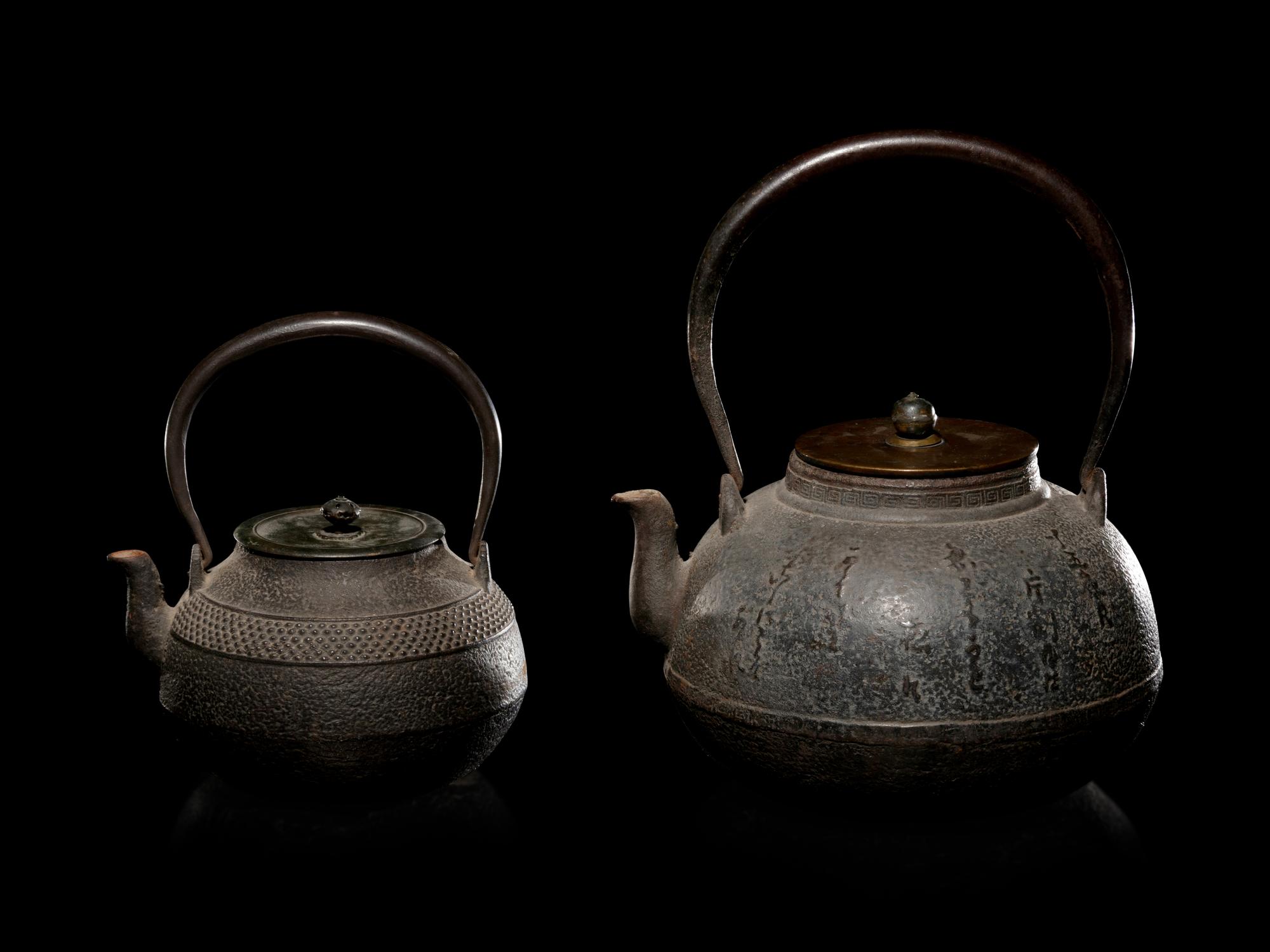 Four Japanese Cast Iron Teapots, Tetsubin , and Copper Burner Stand