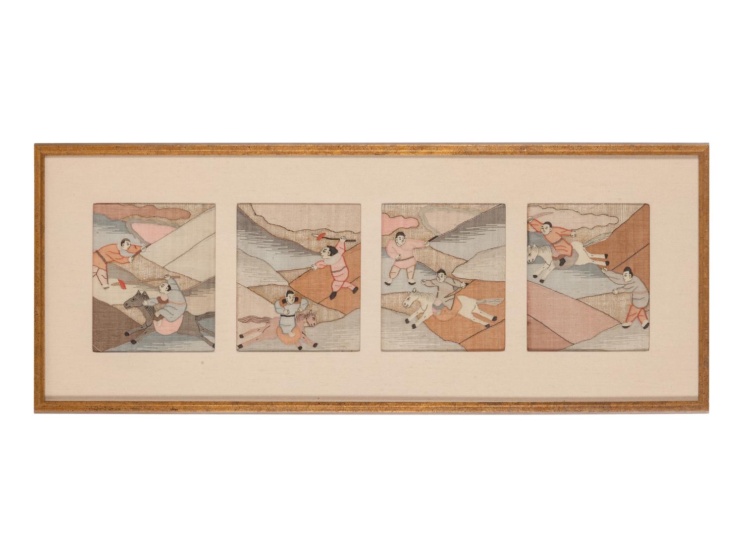 Eight Chinese Cream Ground Kesi Woven Silk Panels