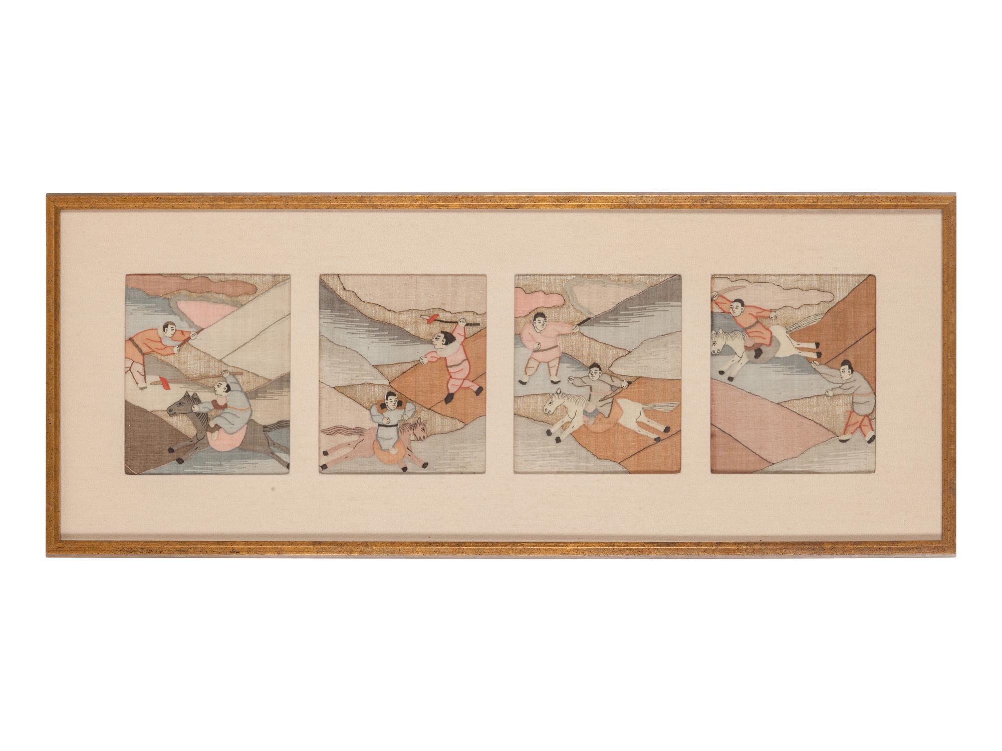 Eight Chinese Cream Ground Kesi Woven Silk Panels