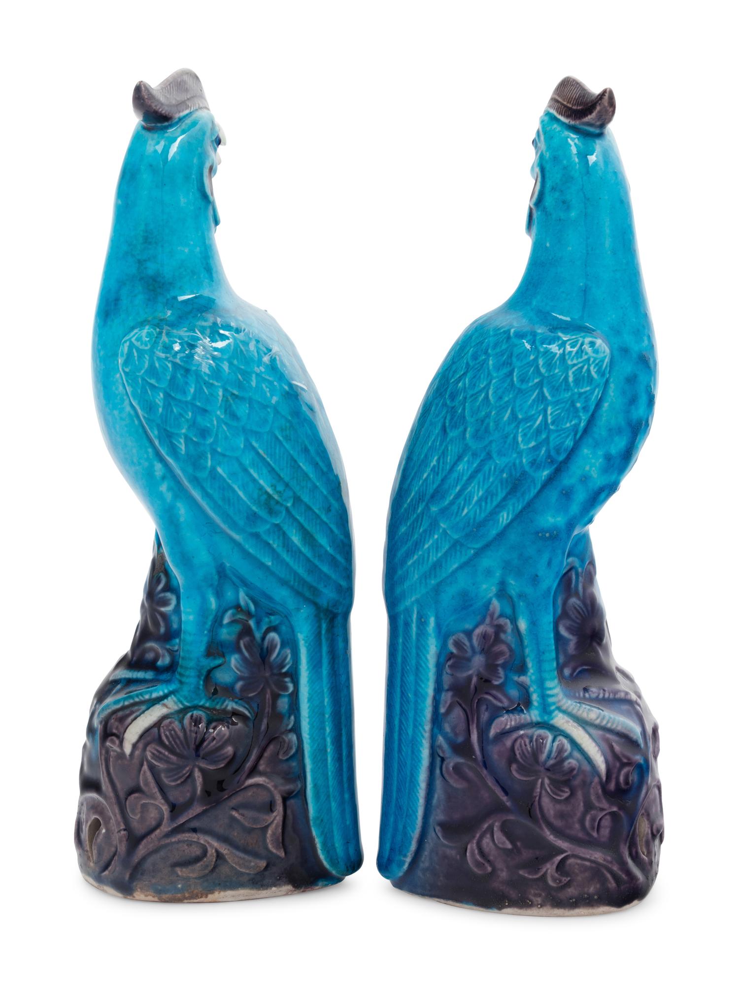 A Pair of Chinese Export Turquoise and Purple Glazed Porcelain Roosters