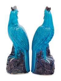 A Pair of Chinese Export Turquoise and Purple Glazed Porcelain Roosters
