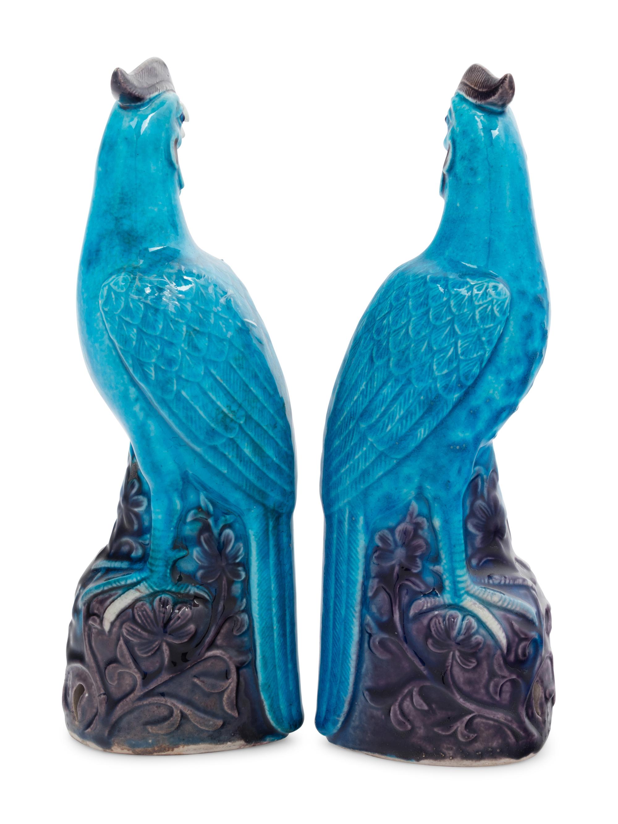 A Pair of Chinese Export Turquoise and Purple Glazed Porcelain Roosters