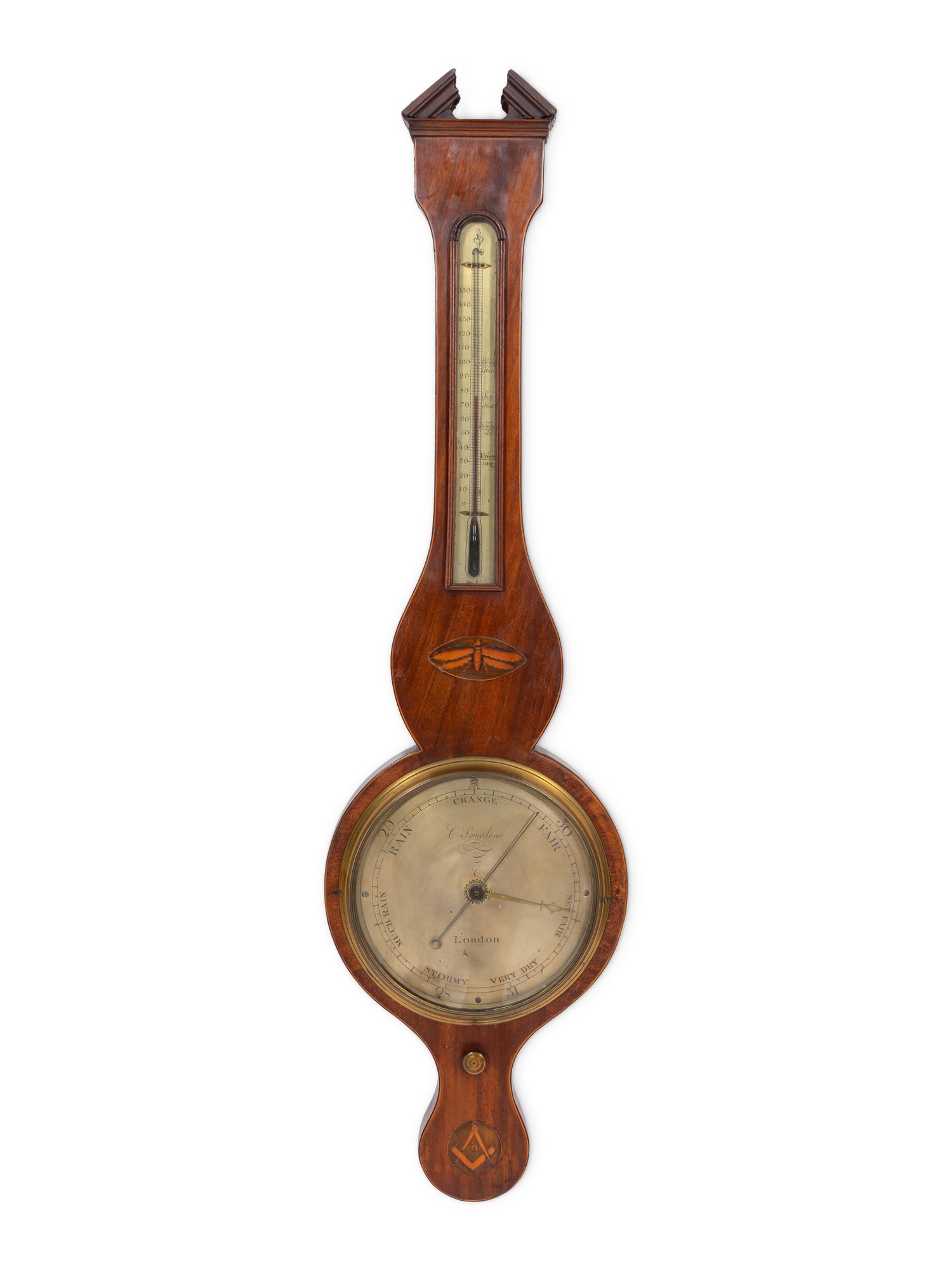 An English Mahogany and Marquetry Wheel Barometer