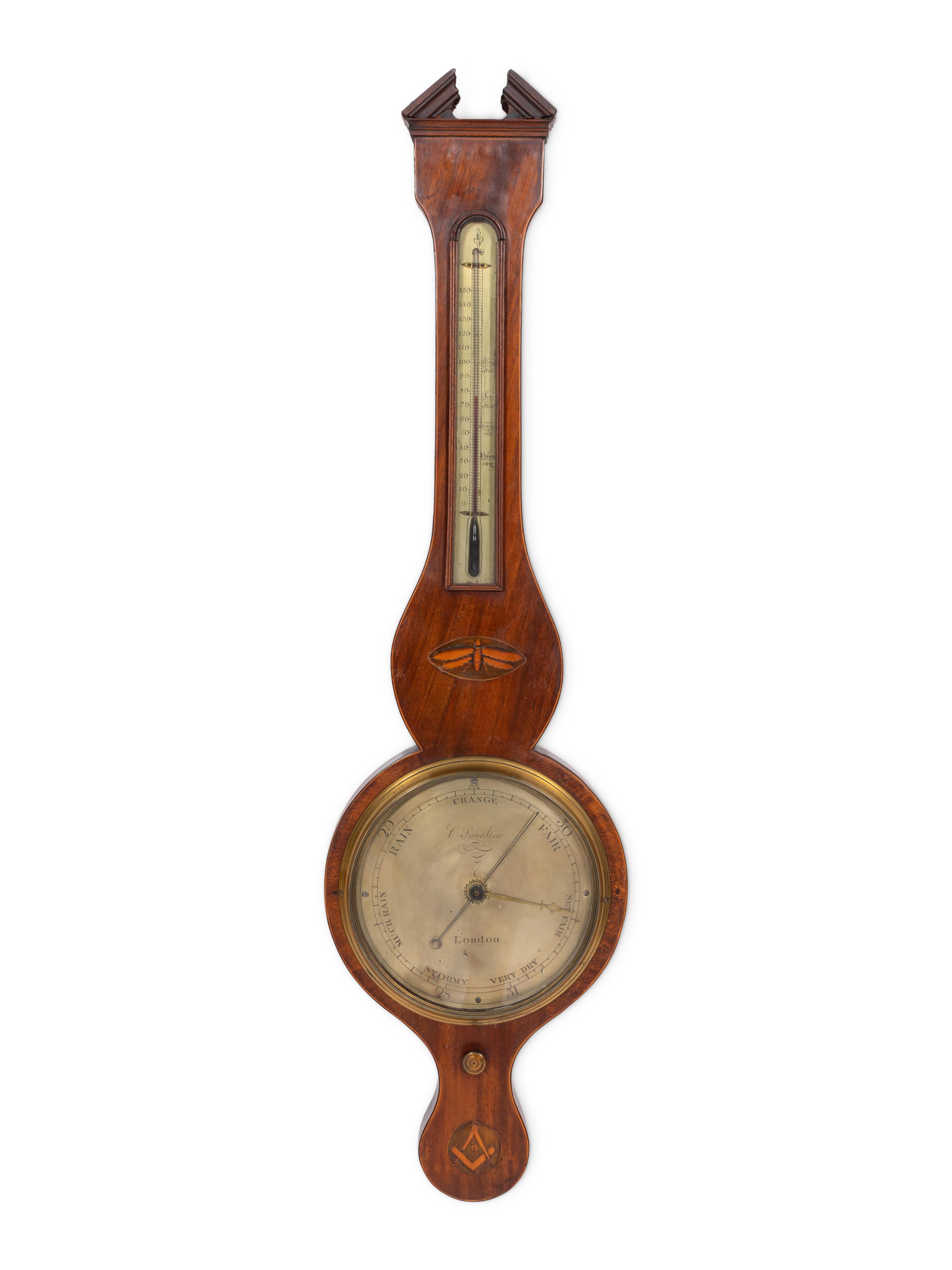 An English Mahogany and Marquetry Wheel Barometer