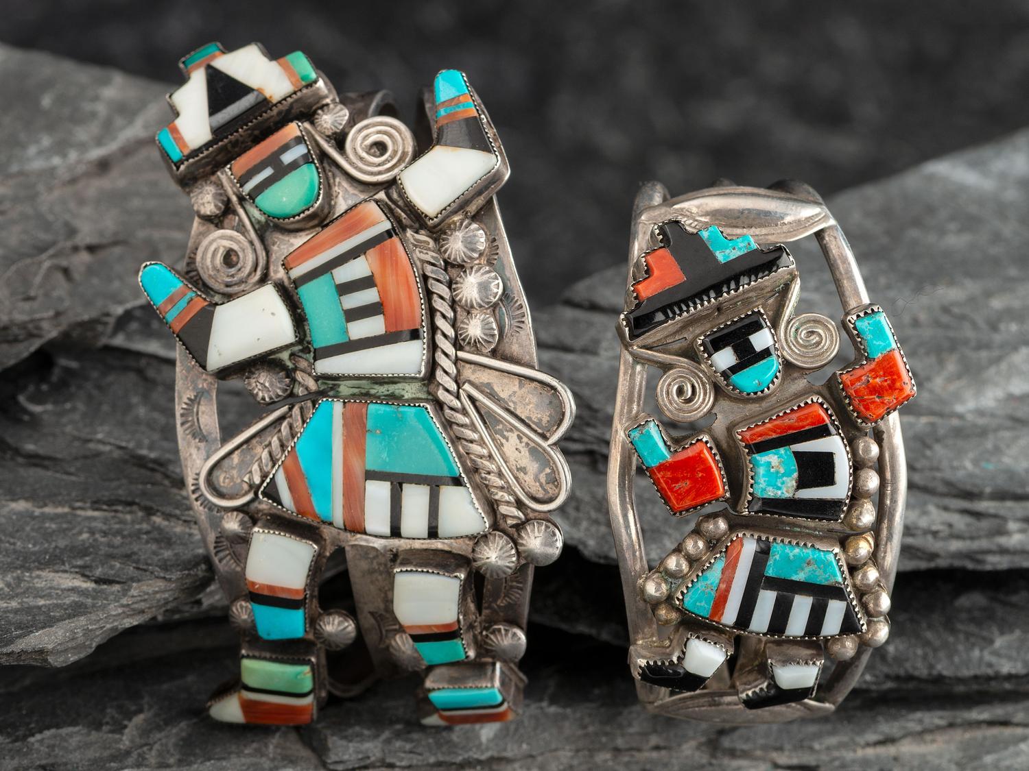 Zuni Silver and Mosaic Inlay Rainbow Man Cuff Bracelets