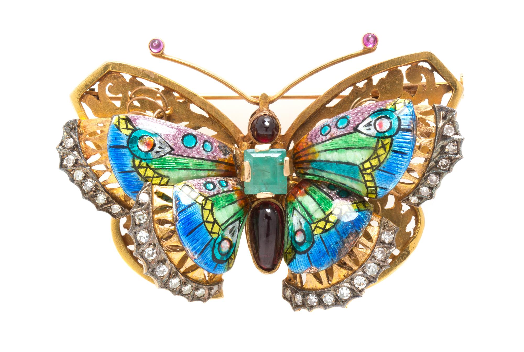 A Gold, Diamond, Multi Gem and Polychrome Enamel En Tremblant Butterfly Brooch, 26.10 dwts.