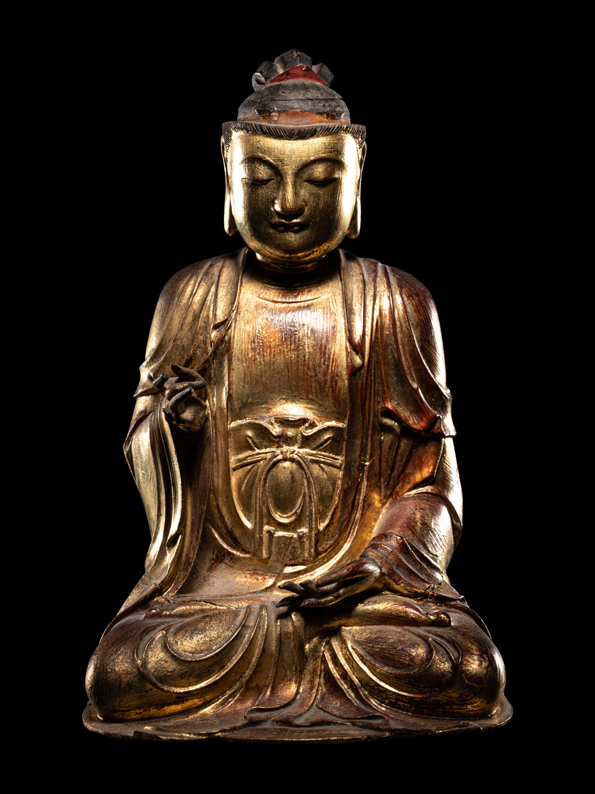 A Chinese Gilt Wood Figure of Seated Buddha Shakyamuni