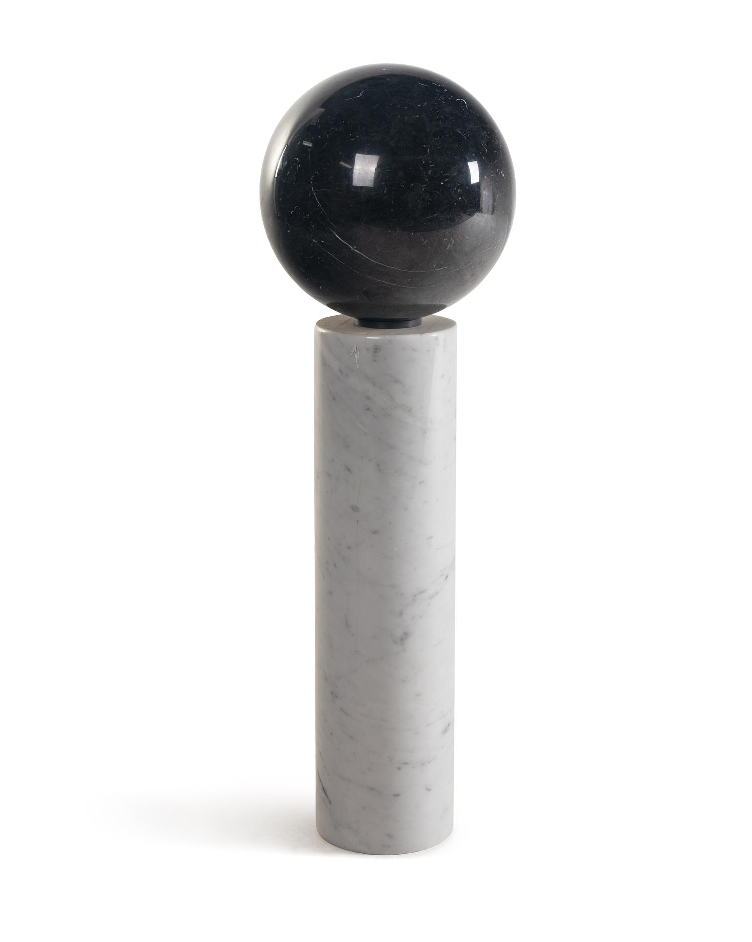 A Contemporary Marble Pedestal and Spherical Ornament