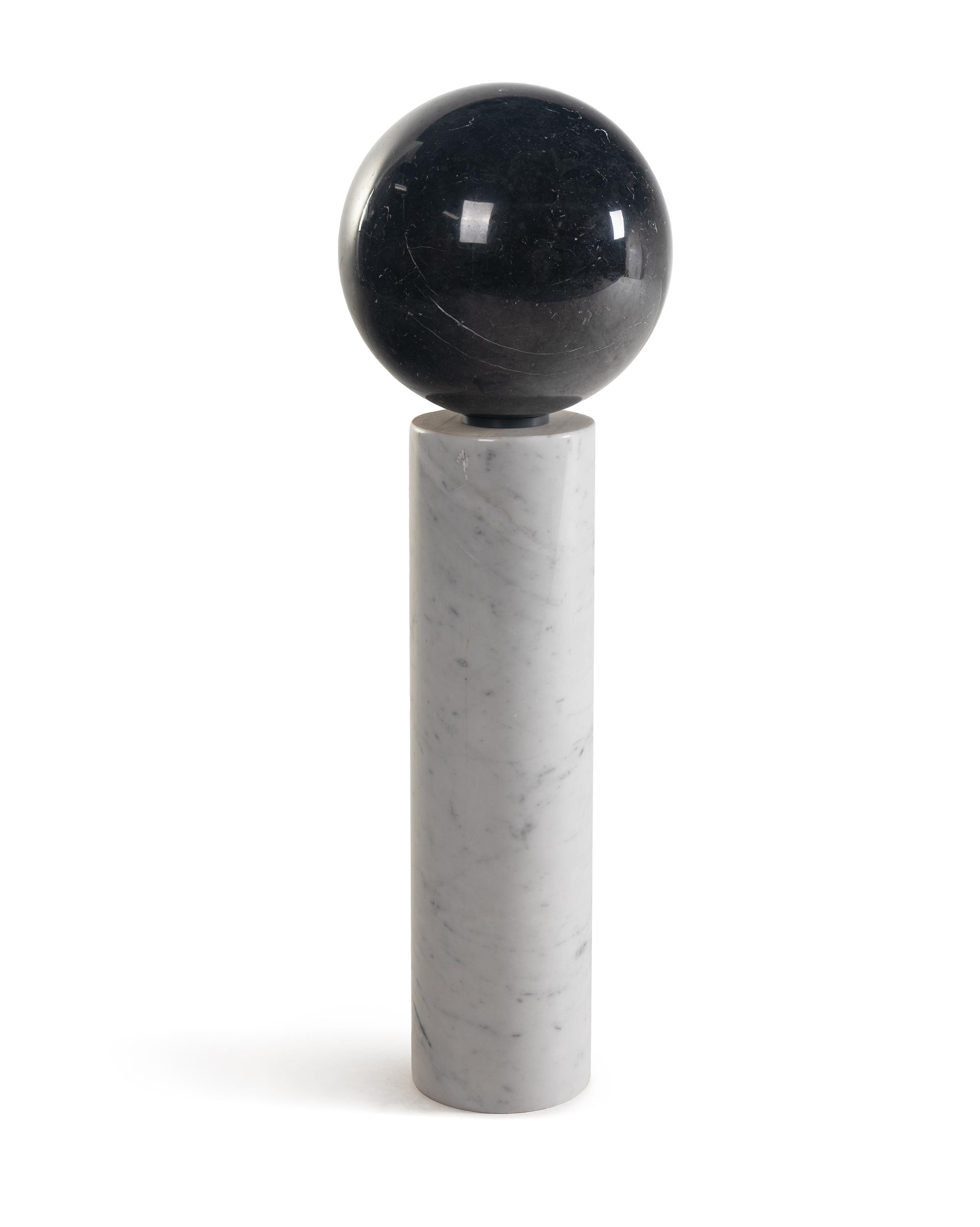 A Contemporary Marble Pedestal and Spherical Ornament