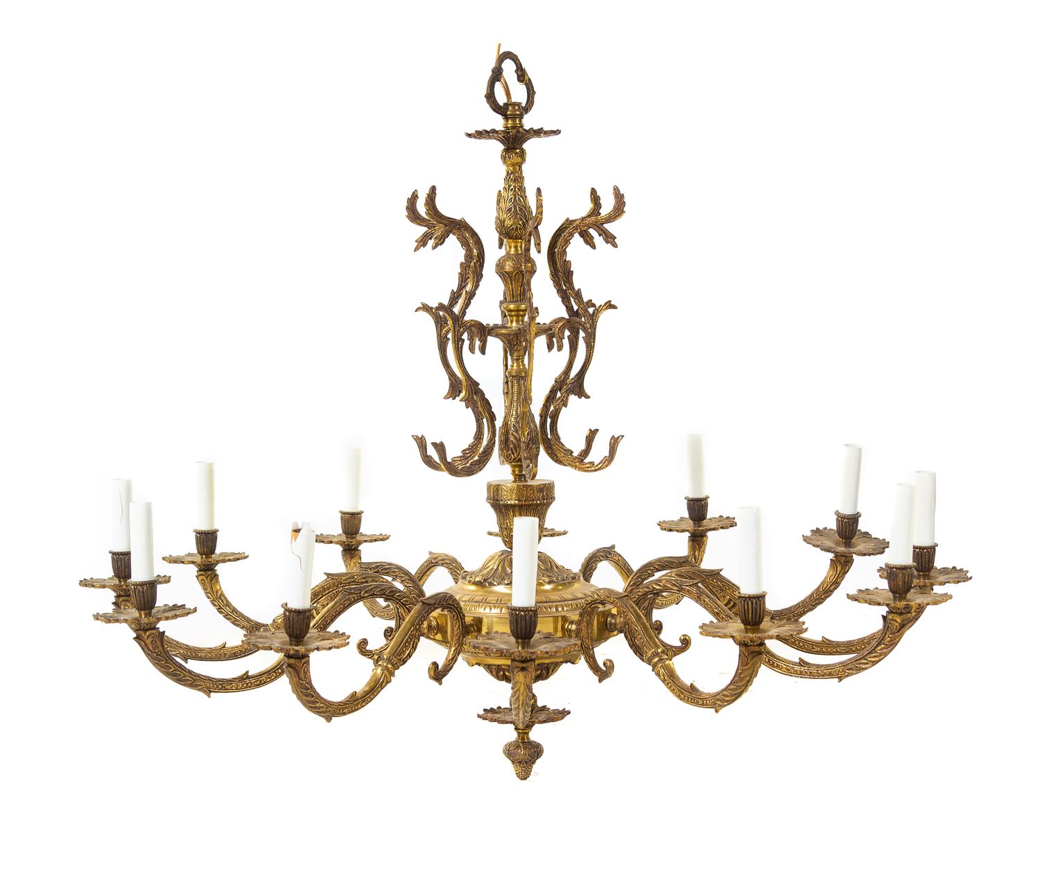 A Continental Brass Twelve-Light Chandelier