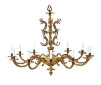 A Continental Brass Twelve-Light Chandelier