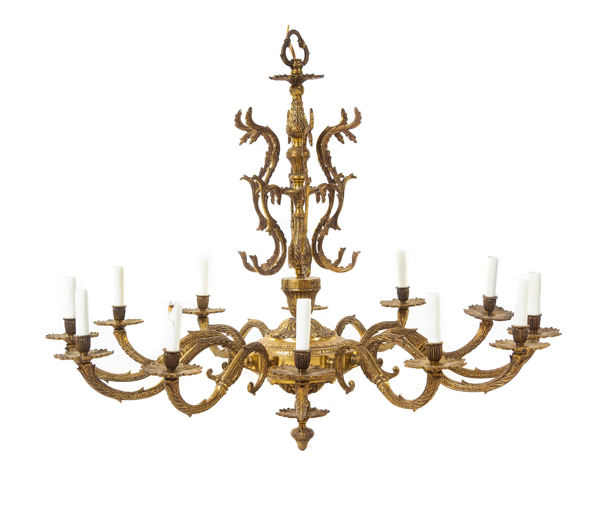 A Continental Brass Twelve-Light Chandelier