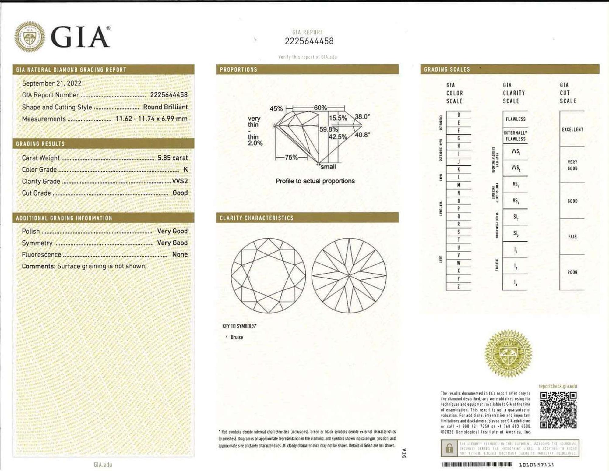 A Ladies Diamond and 18K Yellow Gold Ring 5.85 Carat Round Brilliant Diamond, GIA Certified