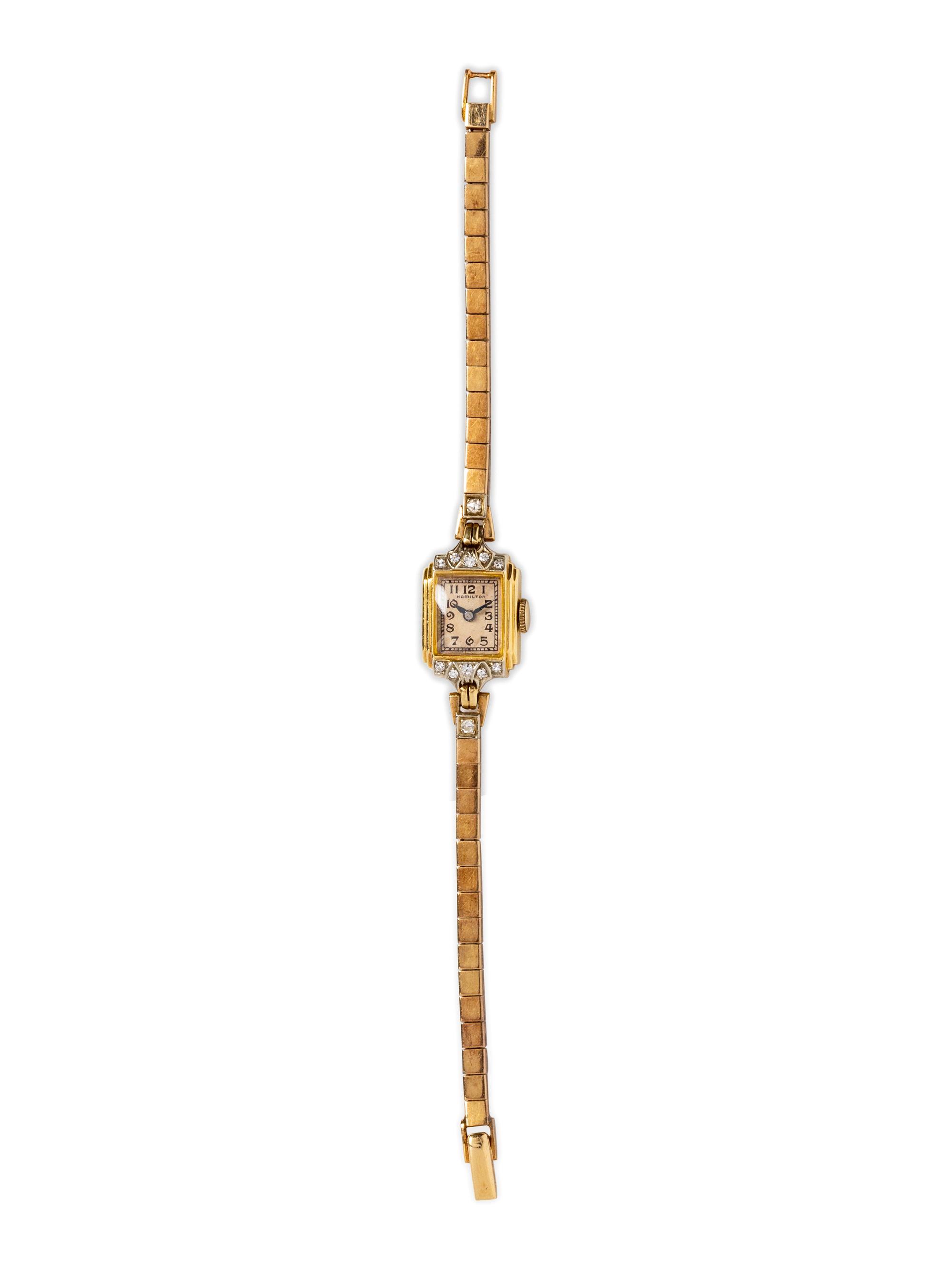 A 14 Karat Yellow Gold and Diamond Wristwatch, Hamilton,
