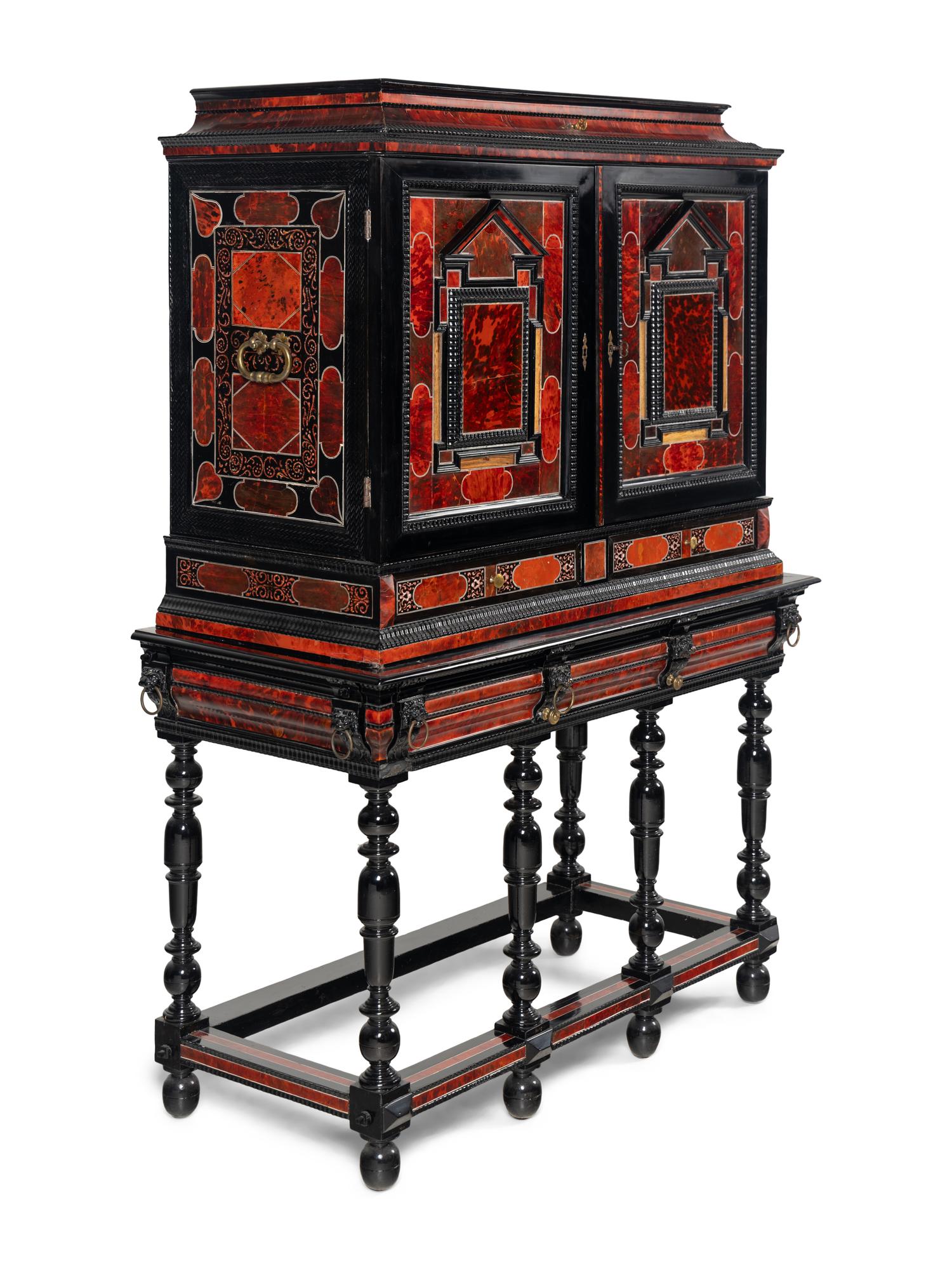 A Flemish Red Tortoise Shell, Kingwood and Ebony Cabinet on Stand