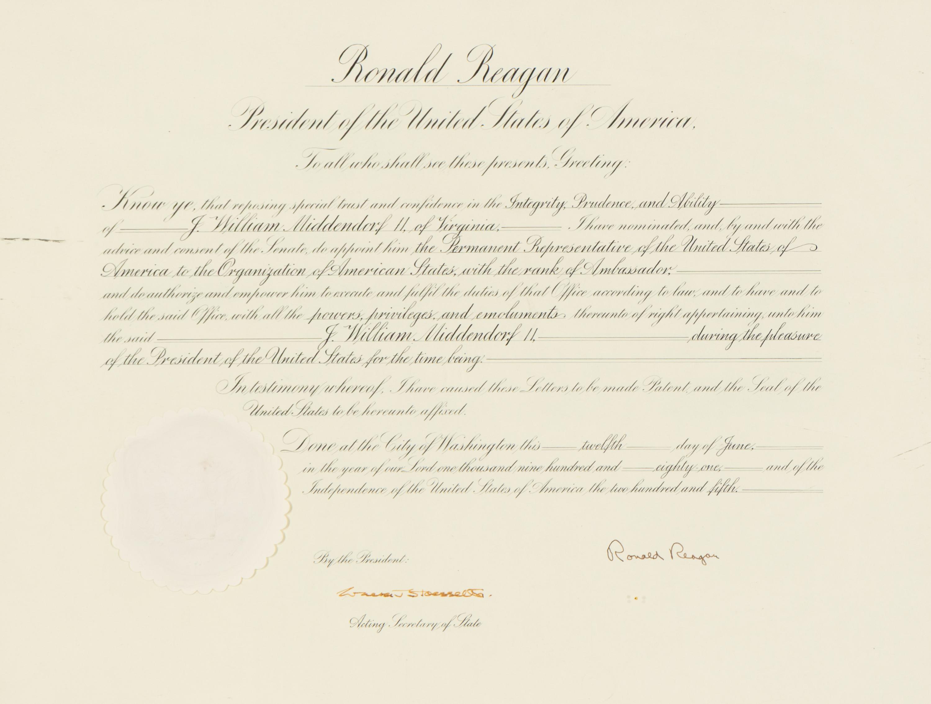 Reagan, Ronald (1911-2004). Partly engraved document signed ("Ronald Reagan") appointing J. William Middendorf II ambassador to the Organization of American States, Washington, D.C., 12 June 1981.